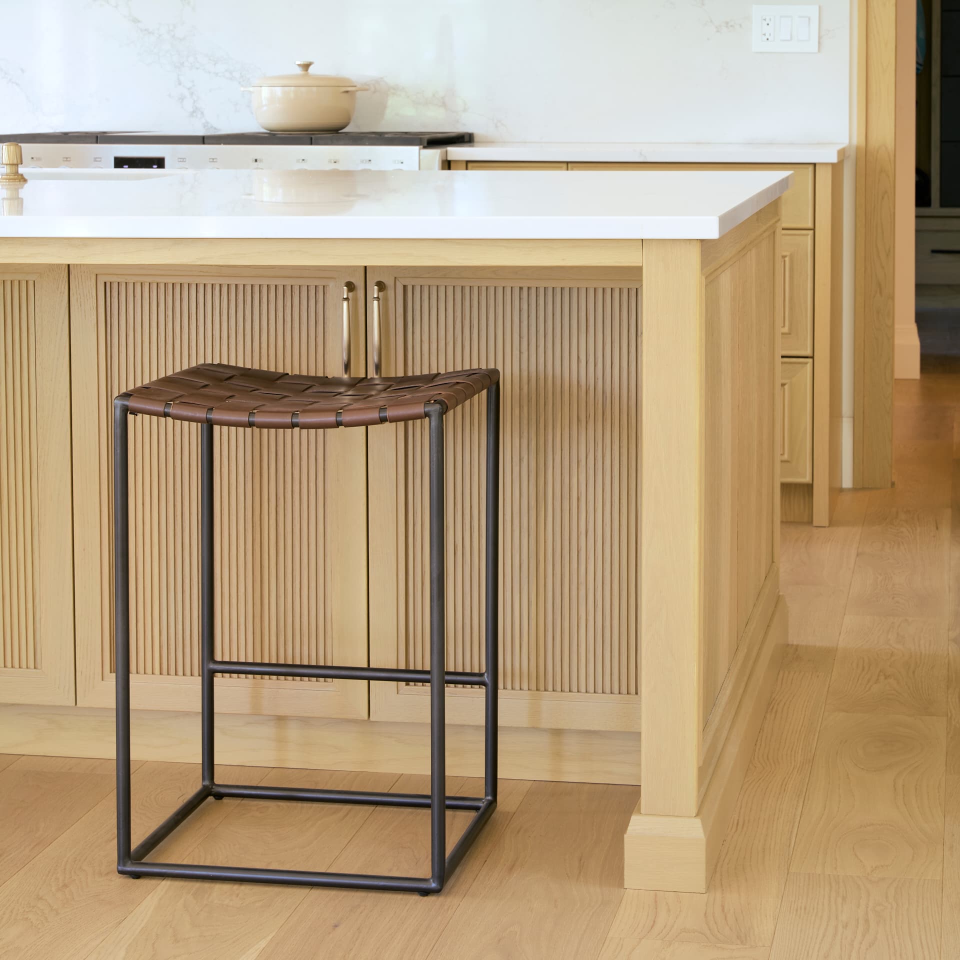 Clarissa Backless 26.25in Seat Counter Stool | Brown Leather w/ Metal — product photograph
