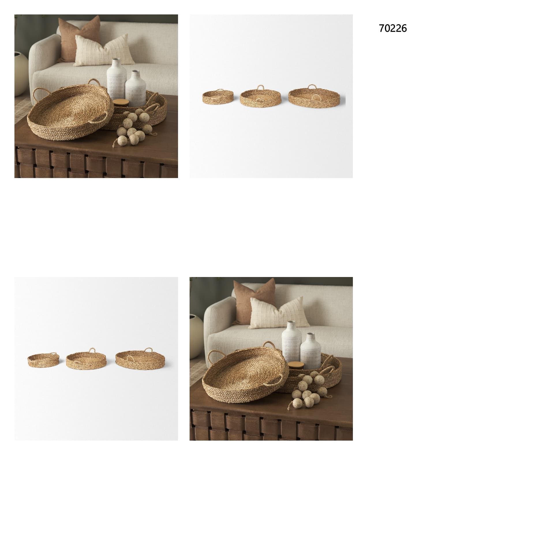 Ulana Set of 3 Round Nesting Seagrass Trays w/ Loop Handles — in a styled room