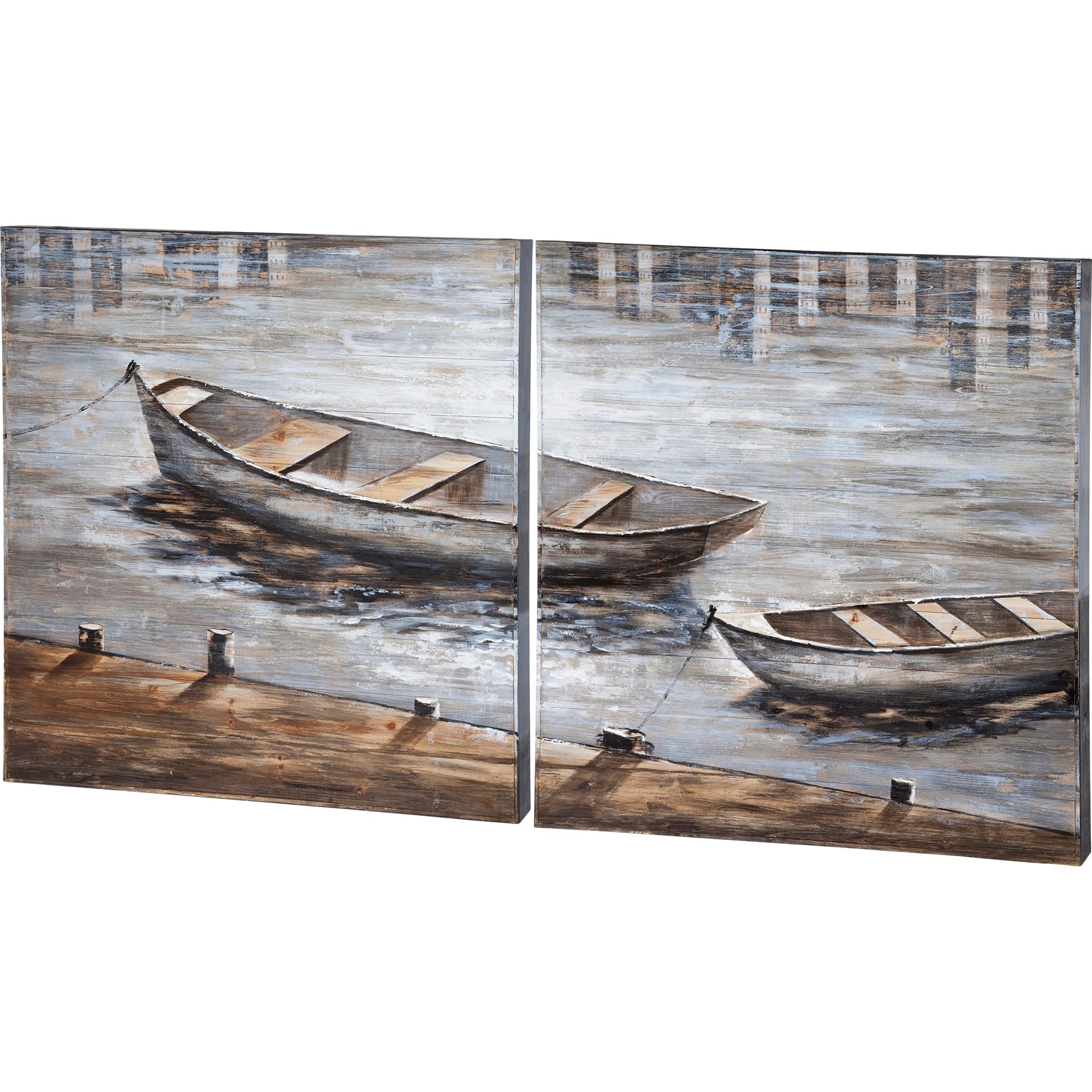 Creekside Diptych 80x40 Boats Original Hand Painted on Wood Oil Painting — product photograph