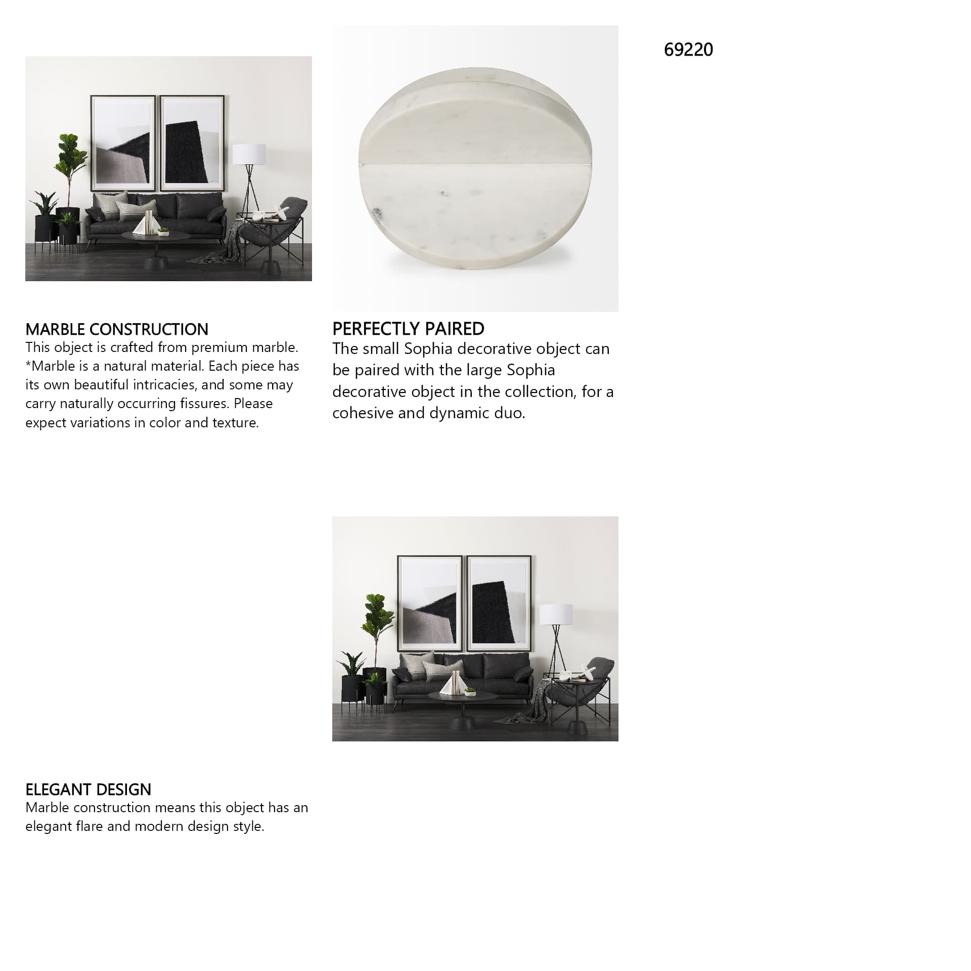 Sophia 9.0L x 9.0W x 9.0H Large Marble Ornament — in a styled room