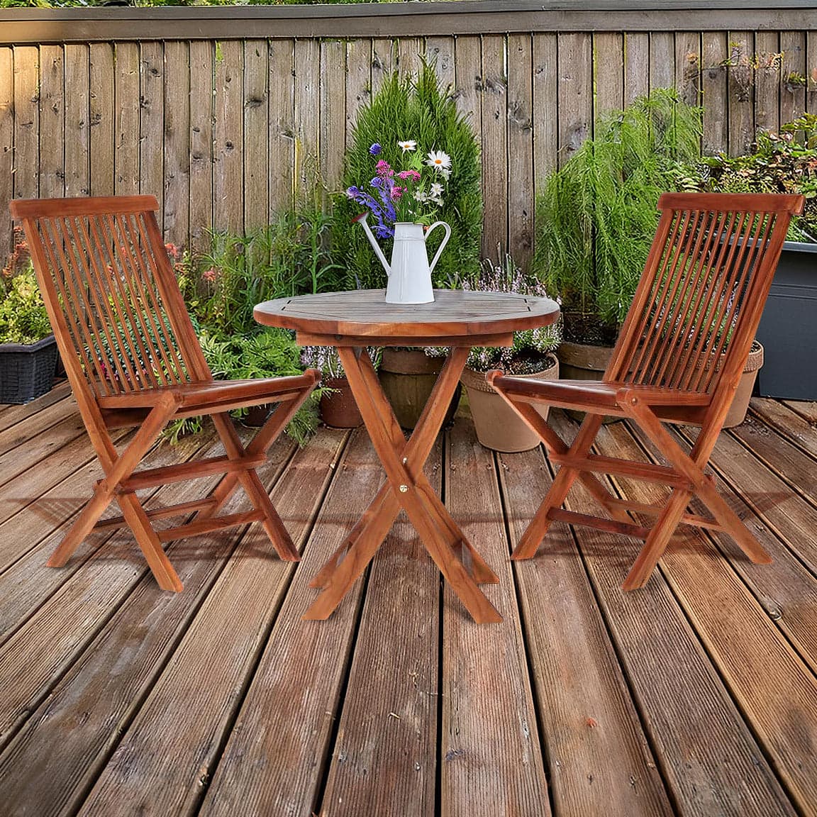3-Piece Teak Bistro Table & Folding Chair Set — product photograph