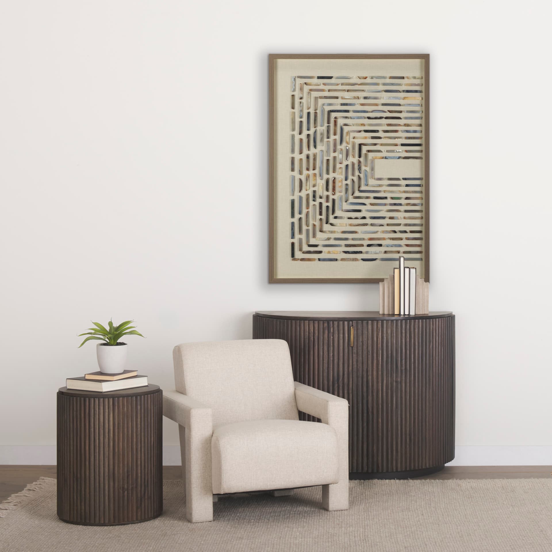 Terra Fluted Dark Brown 2-Door Accent Cabinet — in a styled room