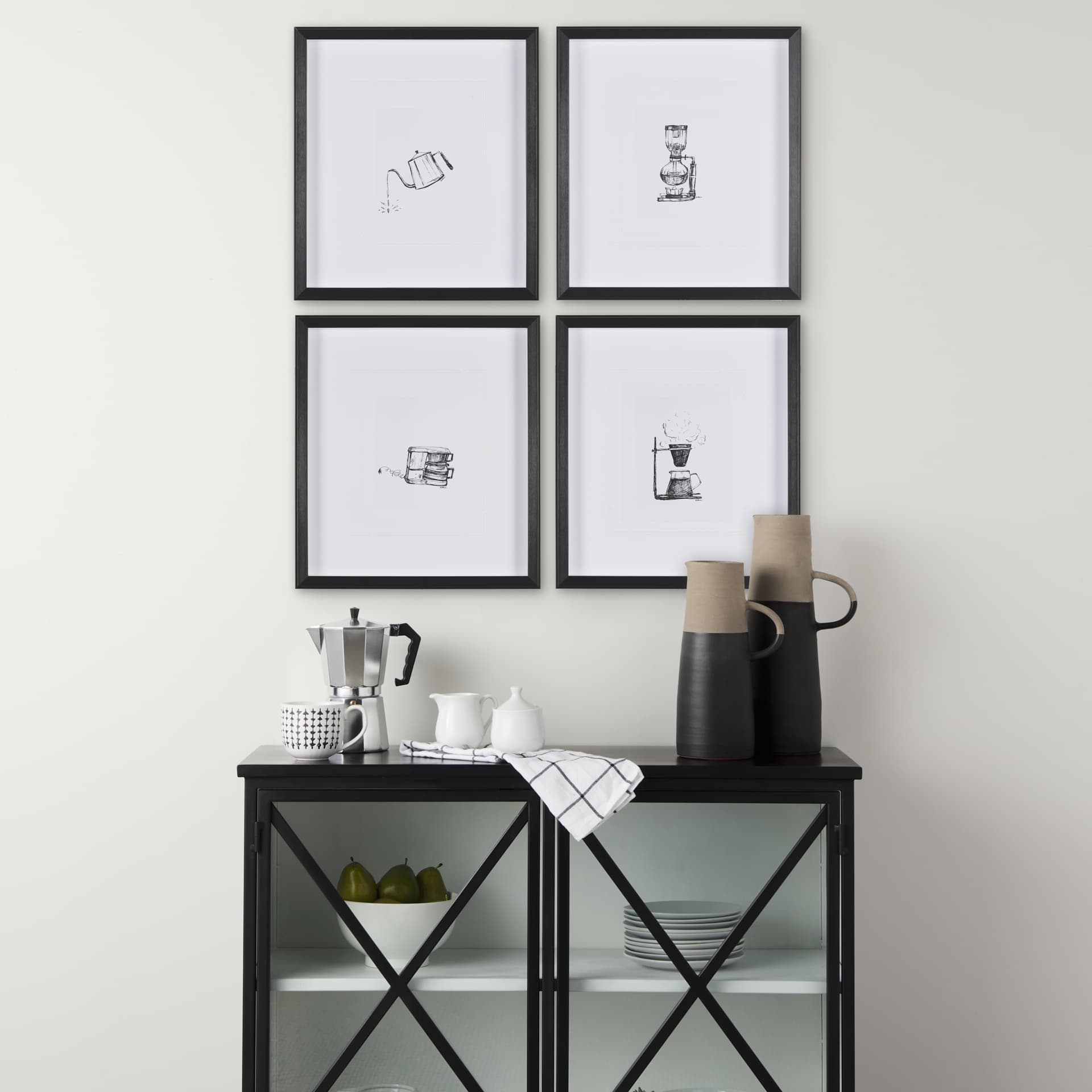 Siphon Coffee Maker by Simeng a Framed Art Print Matted under Glass — in a styled room