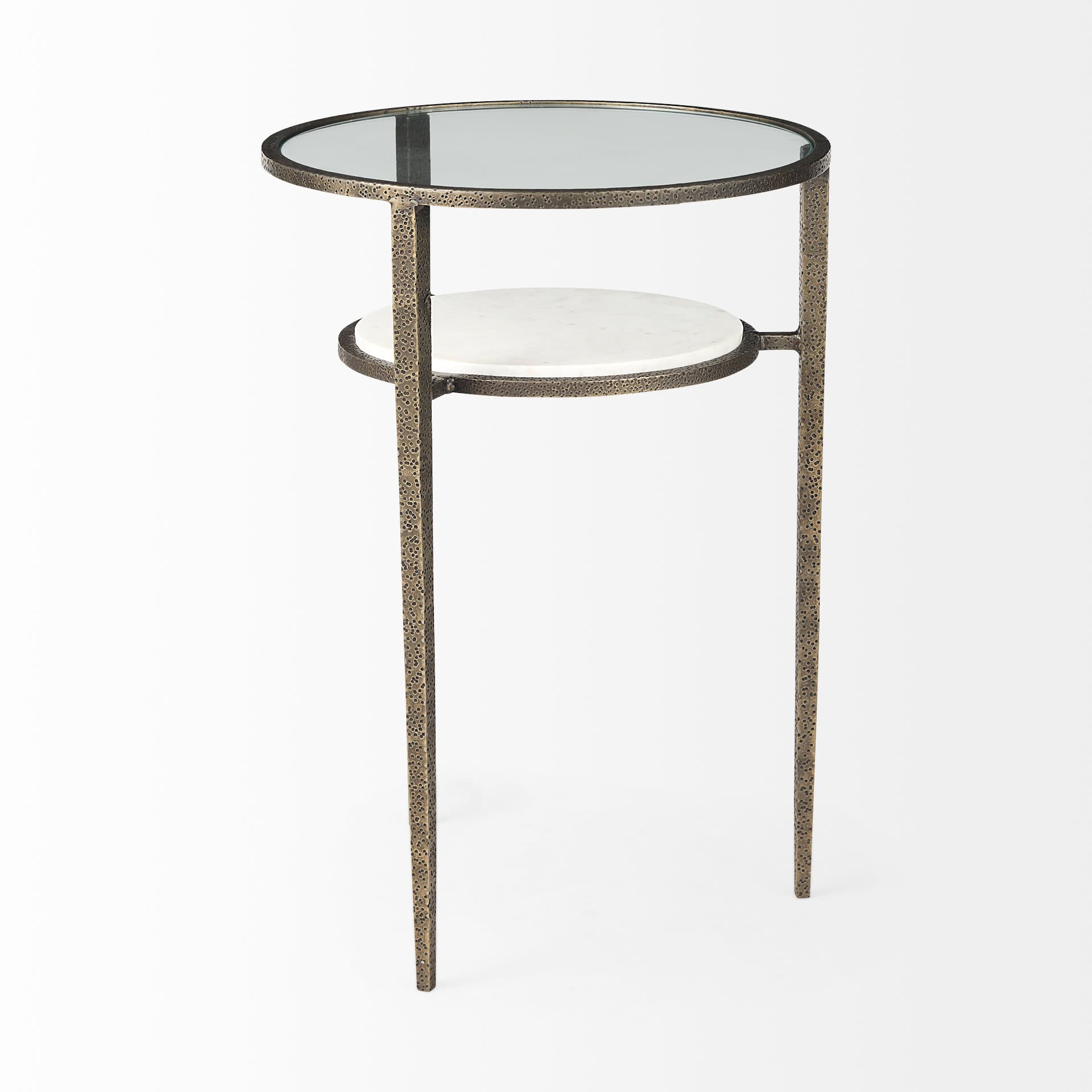 Felicity 15.8L X 15.8W X 22.5H Glass Top W/ White Marble Shelf and Antique Gold Base End/Side Table — product photograph