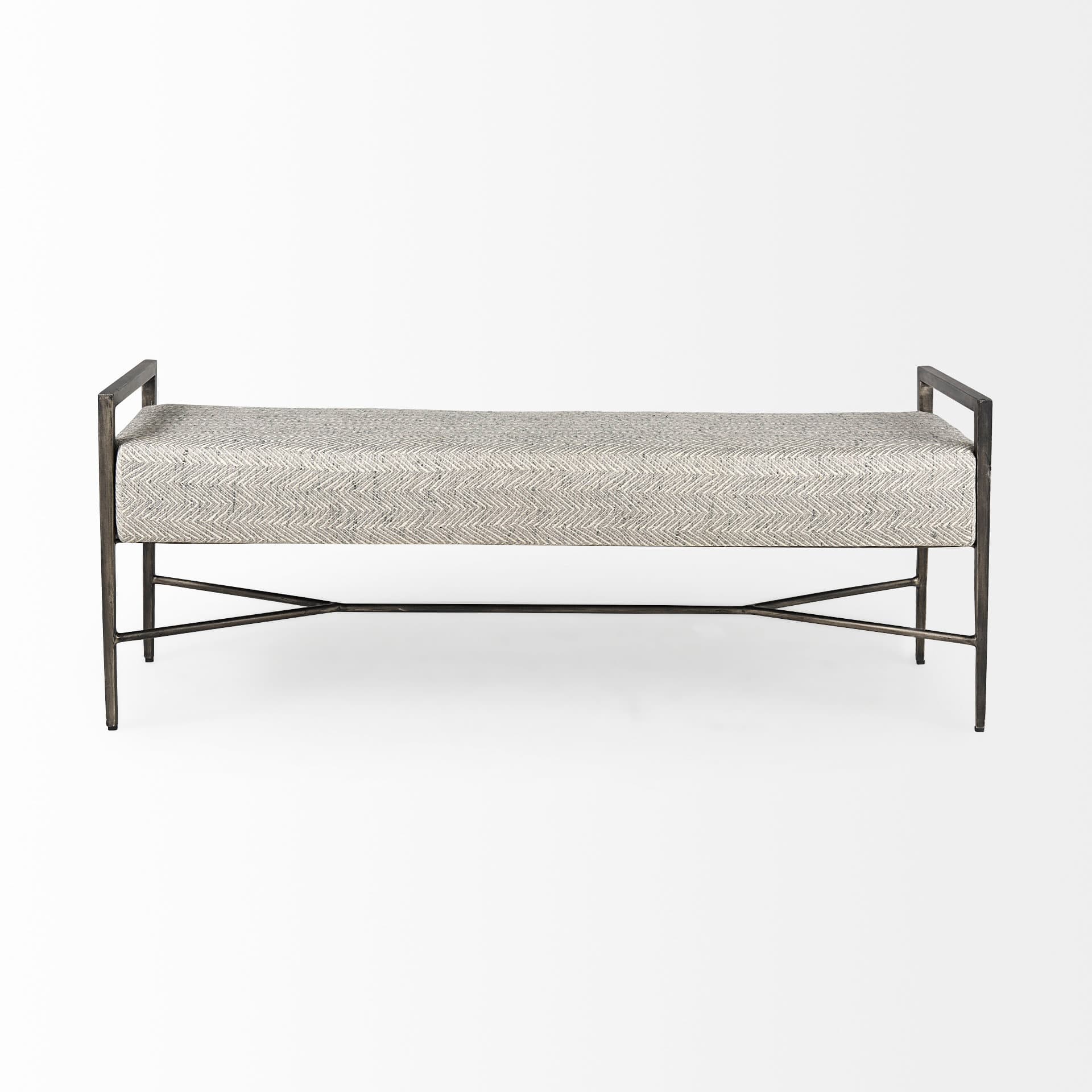 Charlotte 55.0L Gray Herringbone Fabric Seat w/ Antique Nickel Metal Frame Bench — product photograph