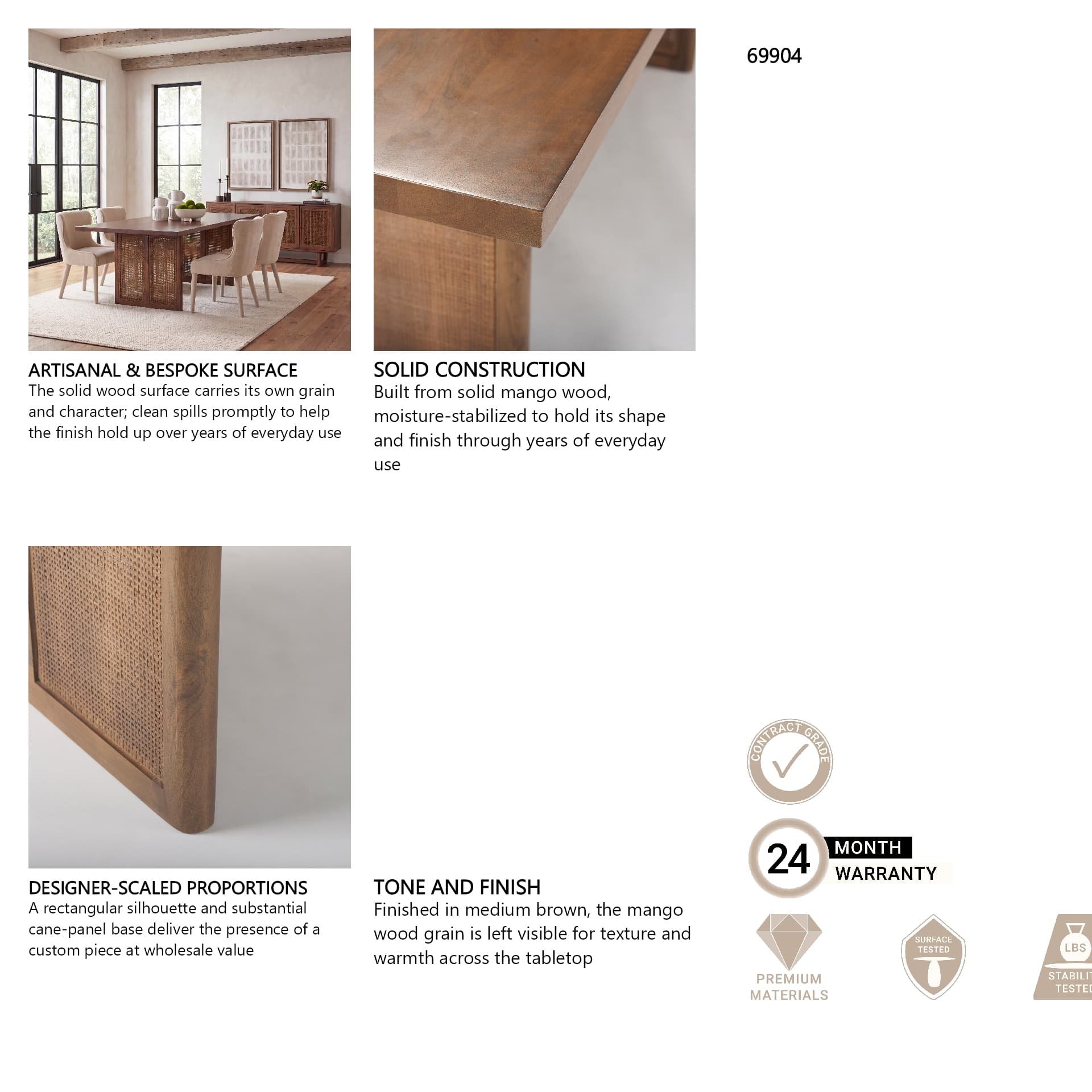 Grier 84"L x 38"W Dining Table | Med Brown Wood & Med Brown Wood Cane | Seats 8 — product photograph