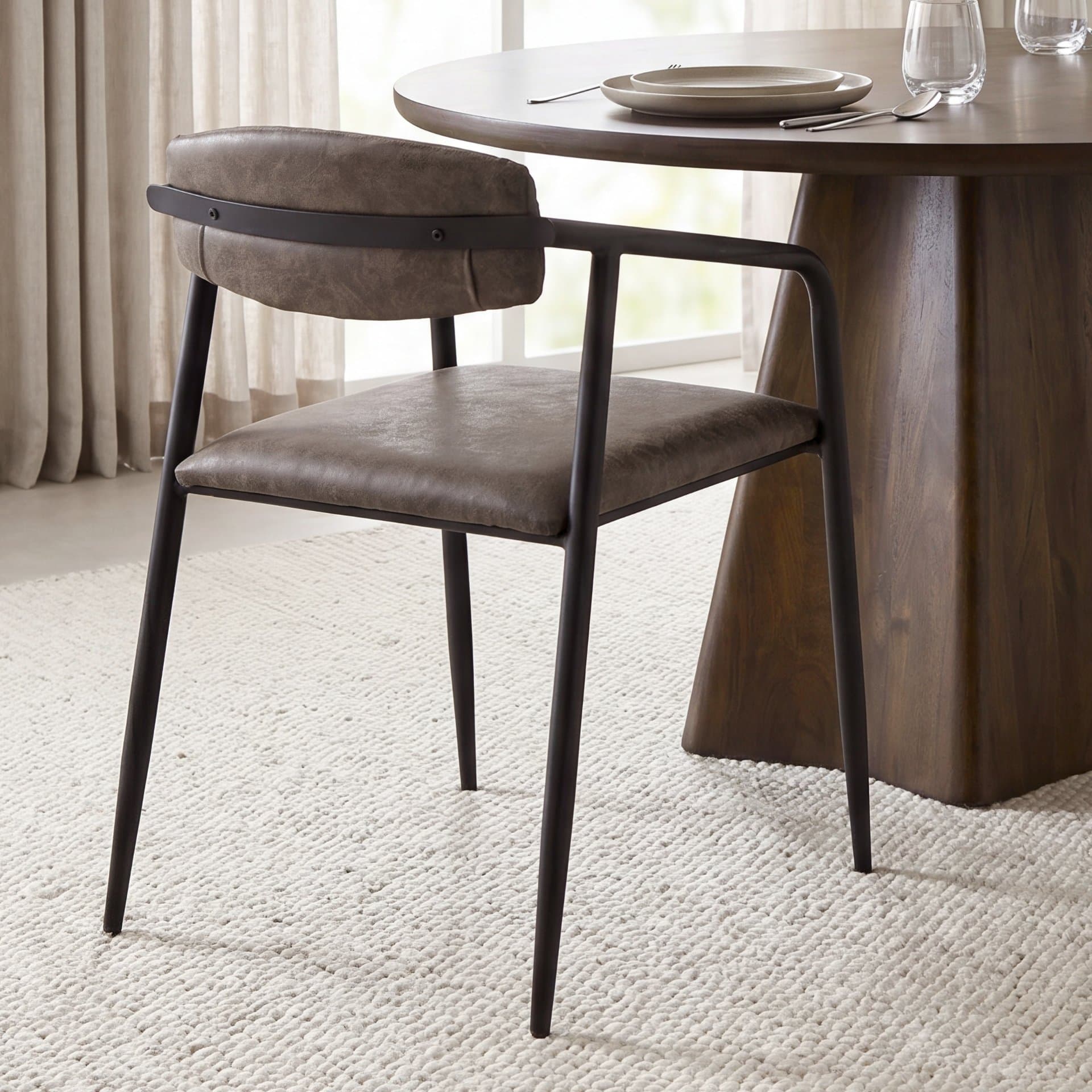 Langston Open Back Dining Arm Chair | Brown Faux Leather w/ Black Iron — product photograph