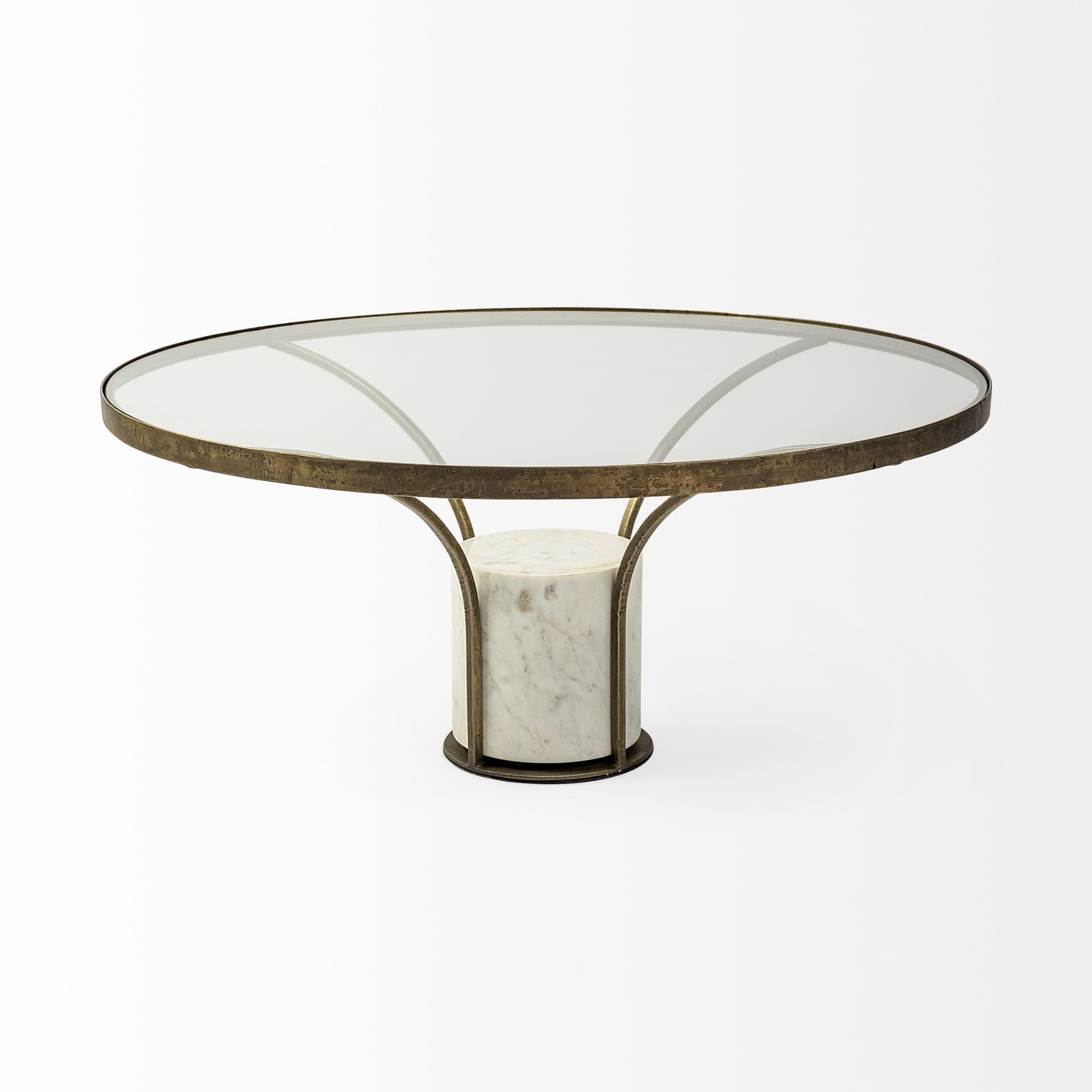 Jacinta 36" Round Glass Top Metal and Marble Pedestal Coffee Table — product photograph