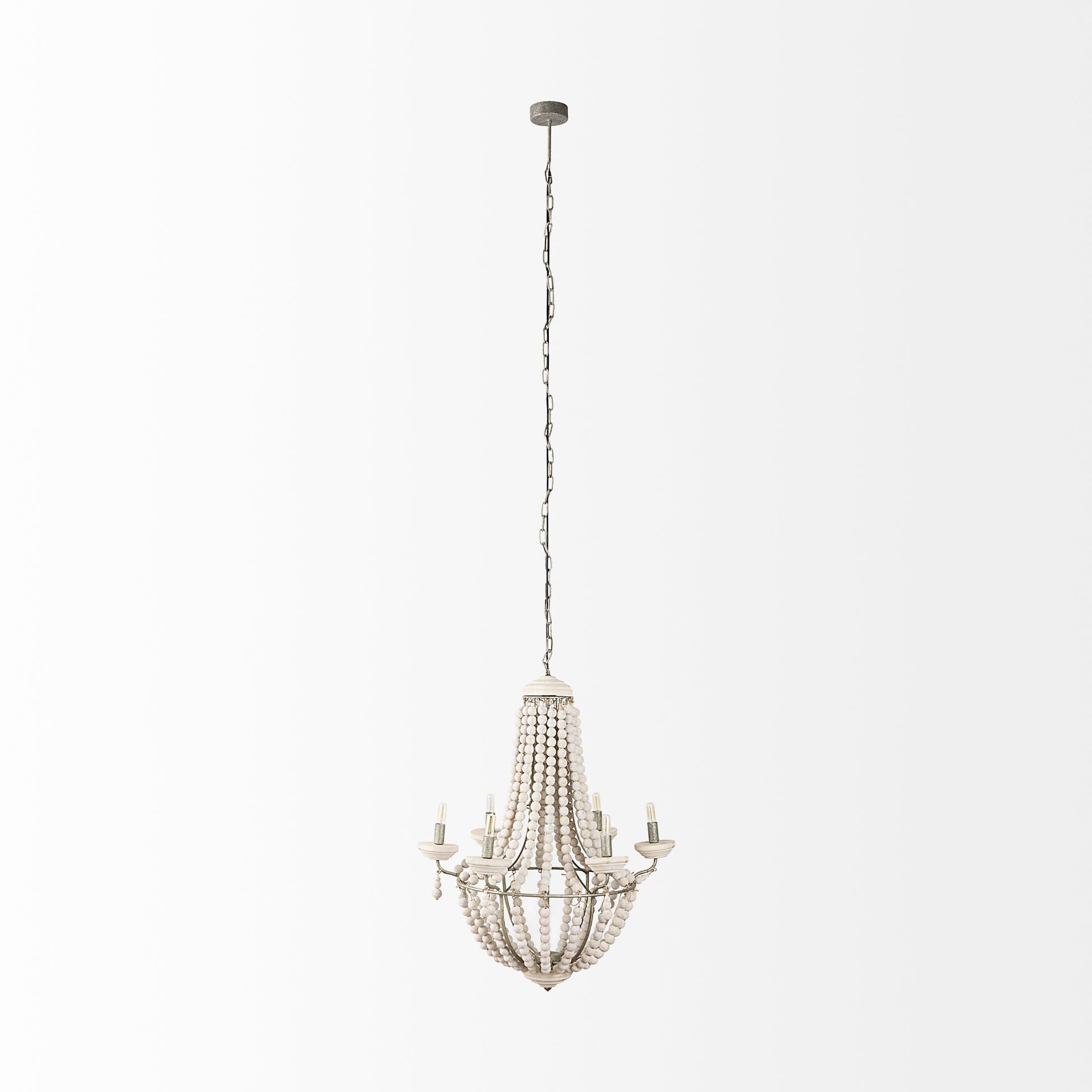 Phillum (29"x37") Silver Metal Chassis and White Wood Beaded Six Bulb Chandelier — product photograph