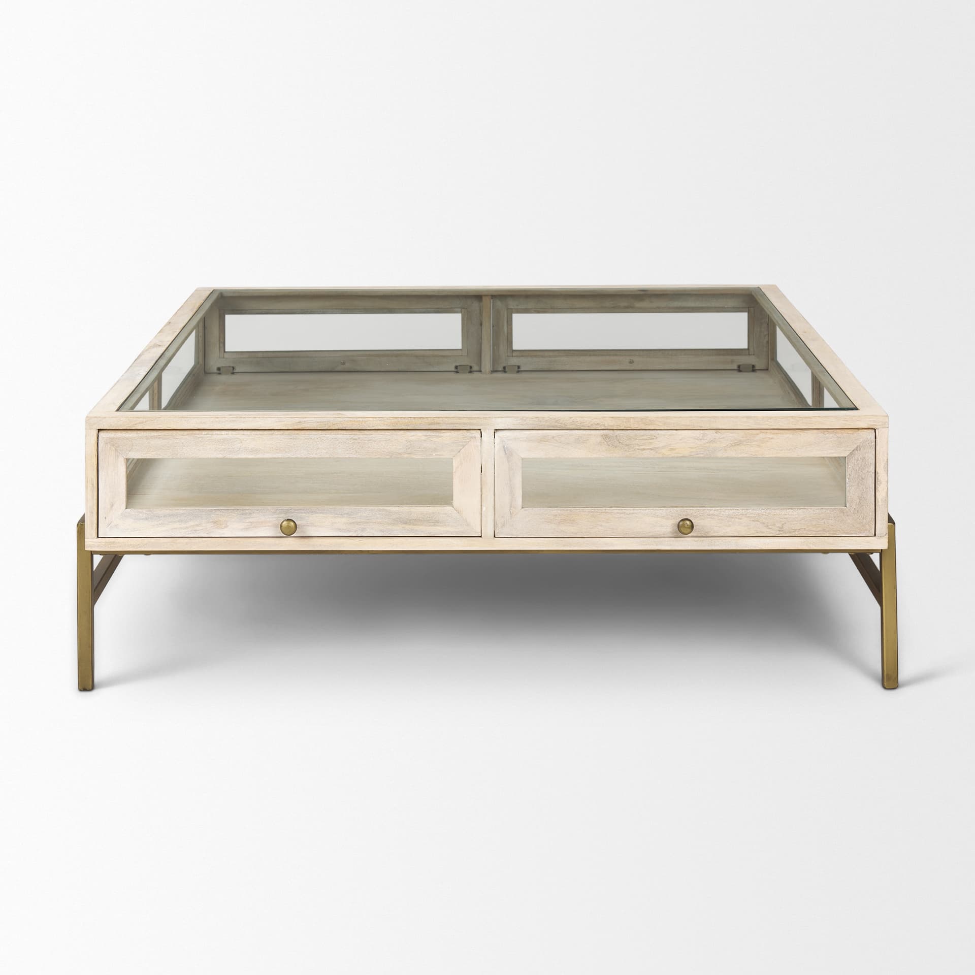 Arelius 42" Square Glass-Top White Wood w/ Gold Metal Base Display Coffee Table — product photograph