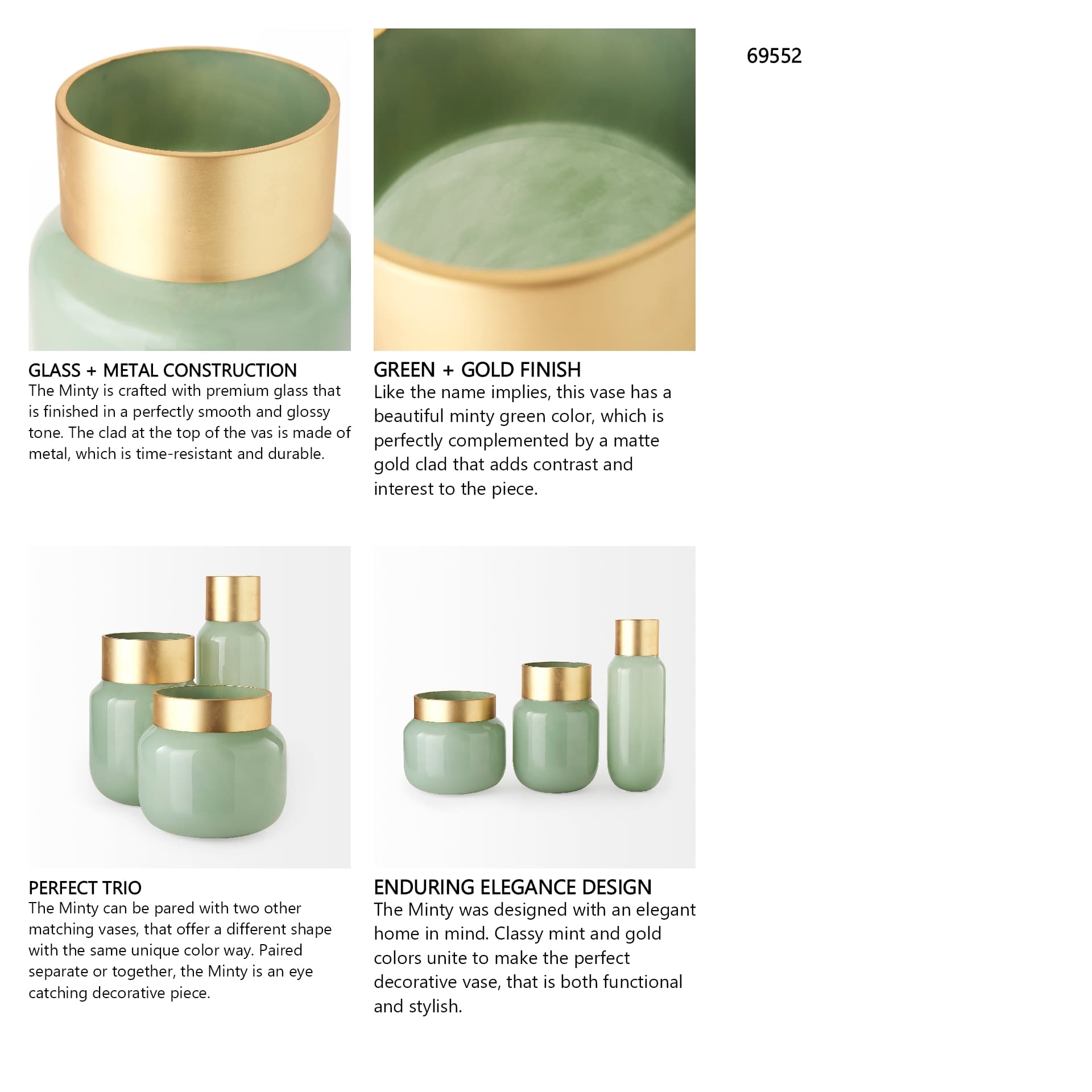 Minty Medium 8.7L x 8.7W x 12.4H Green Glass Vase W/Matte Gold Metal Neck Cuff — in a styled room
