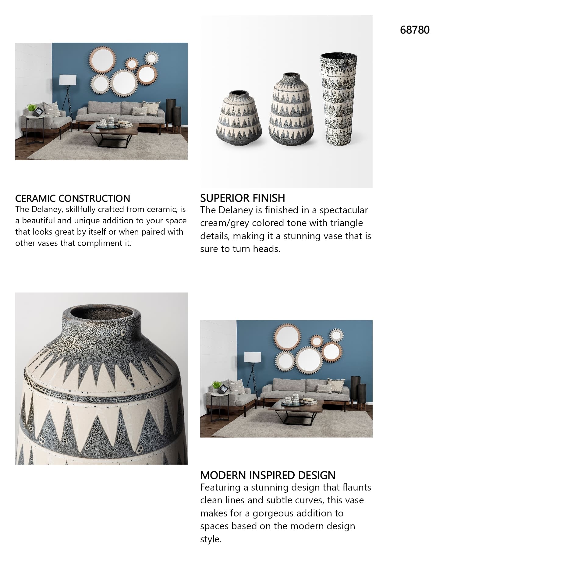 Delaney Large Gray Patterned Ceramic Vase — in a styled room