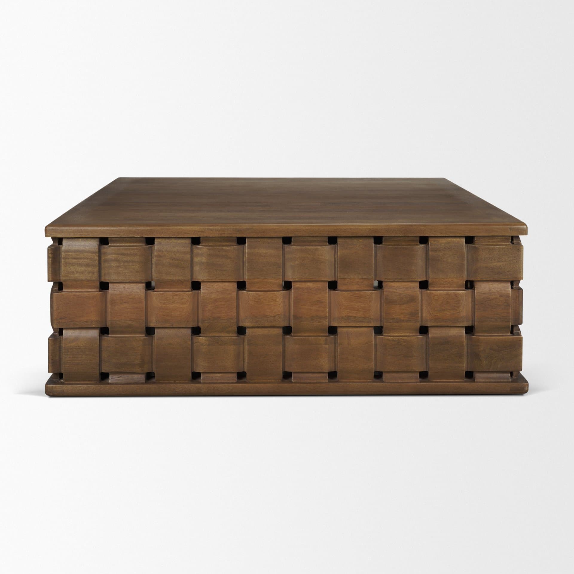 Trellyn 48" Dark Brown Wood w/ Carved Woven Base Square Coffee Table — product photograph