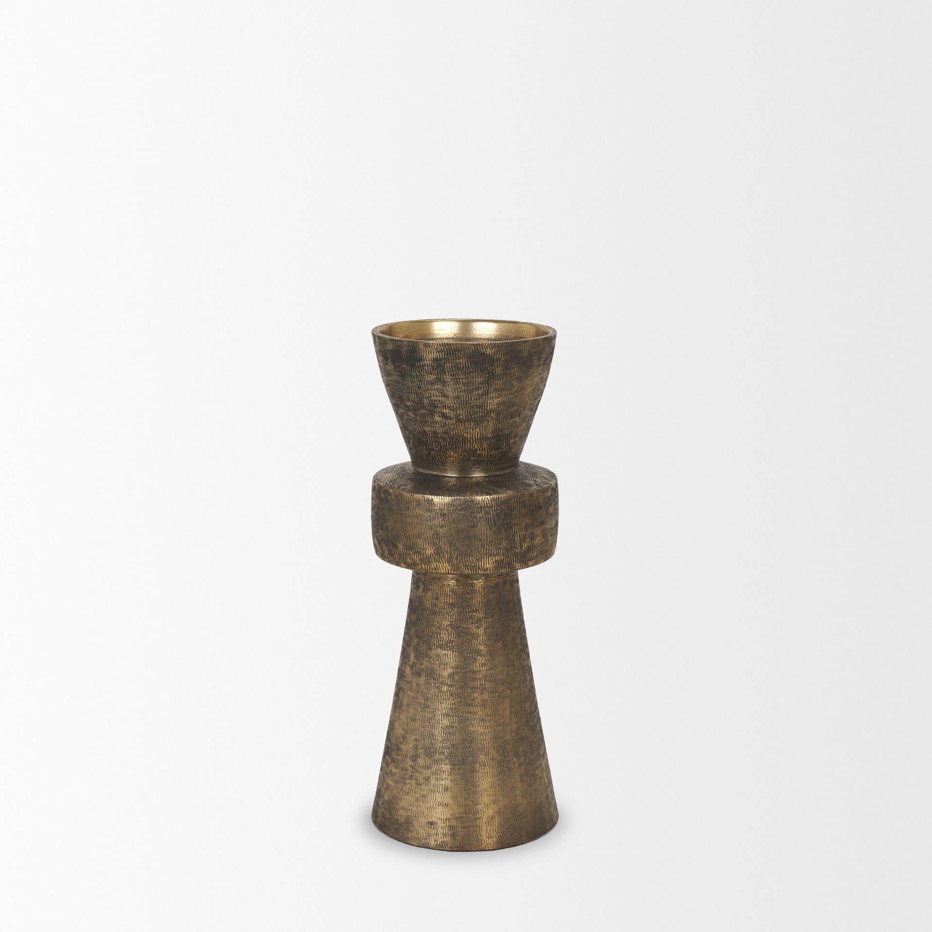 Odilia Small Textured Antiqued Gold Metal Geometric Pillar Candle Holder — product photograph