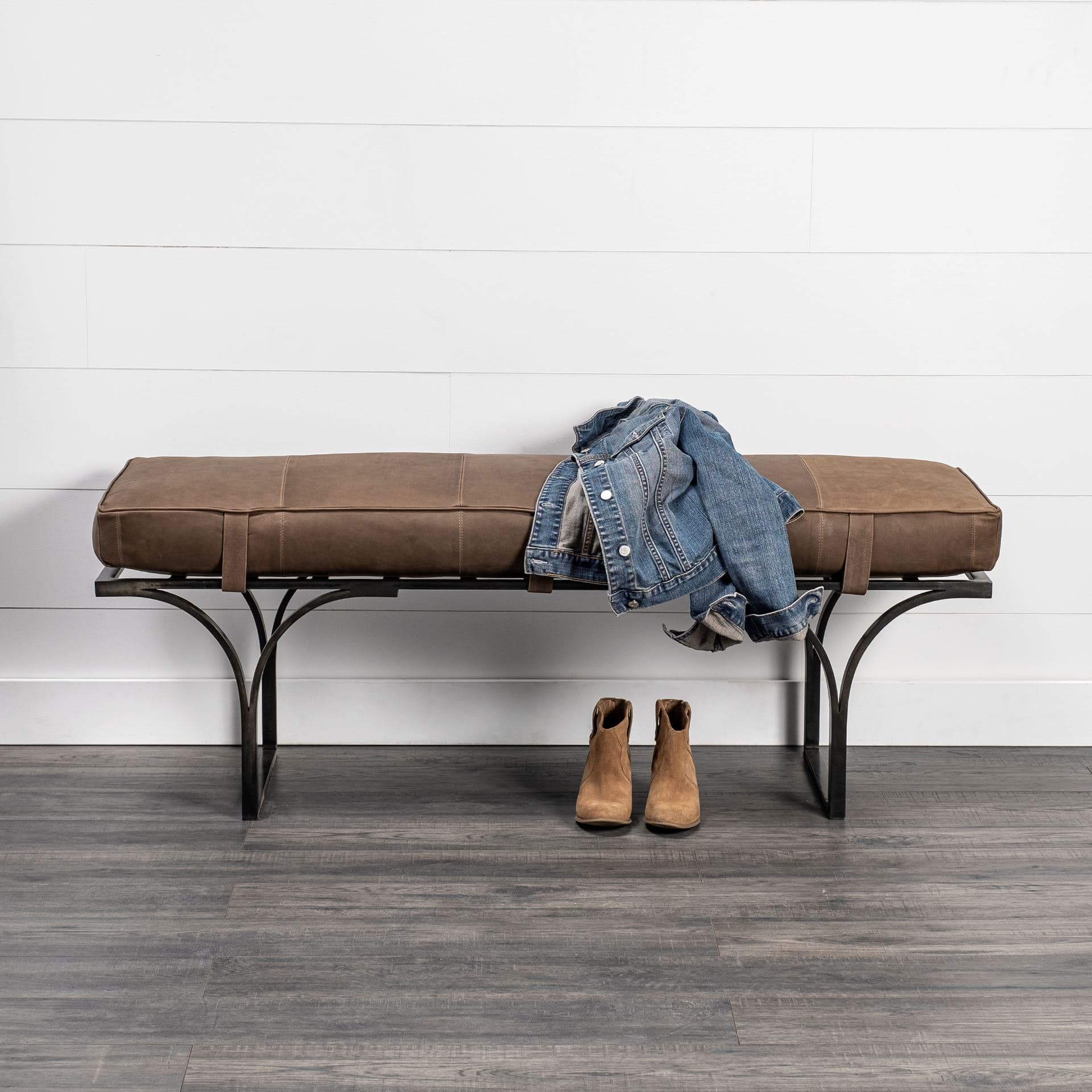 Jessie 55L x 16W Brown Leather Seat W/Black Metal Base Accent Bench — in a styled room