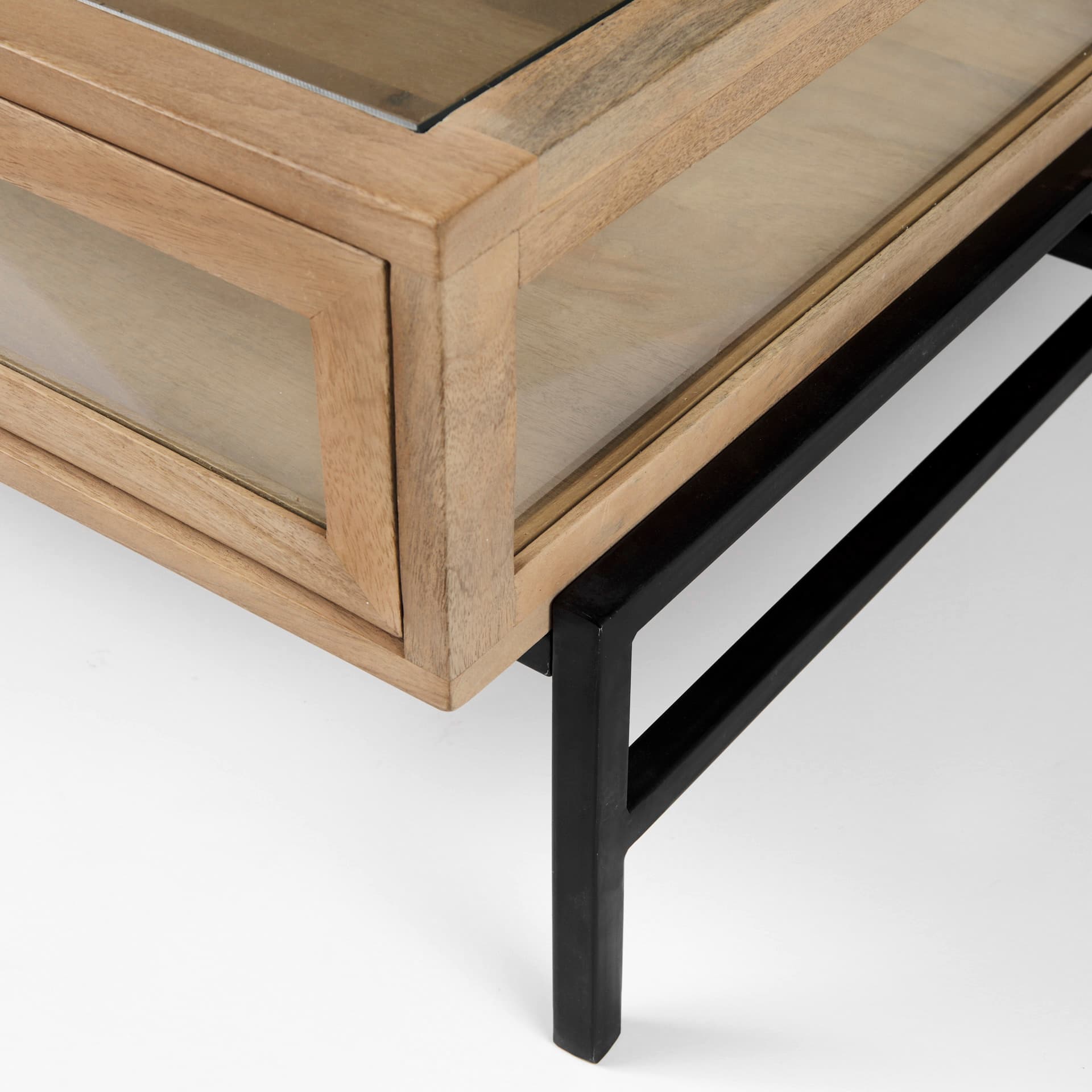 Arelius 42" Square Glass-Top Light Brown w/ Black Metal Base Display Coffee Table — product photograph
