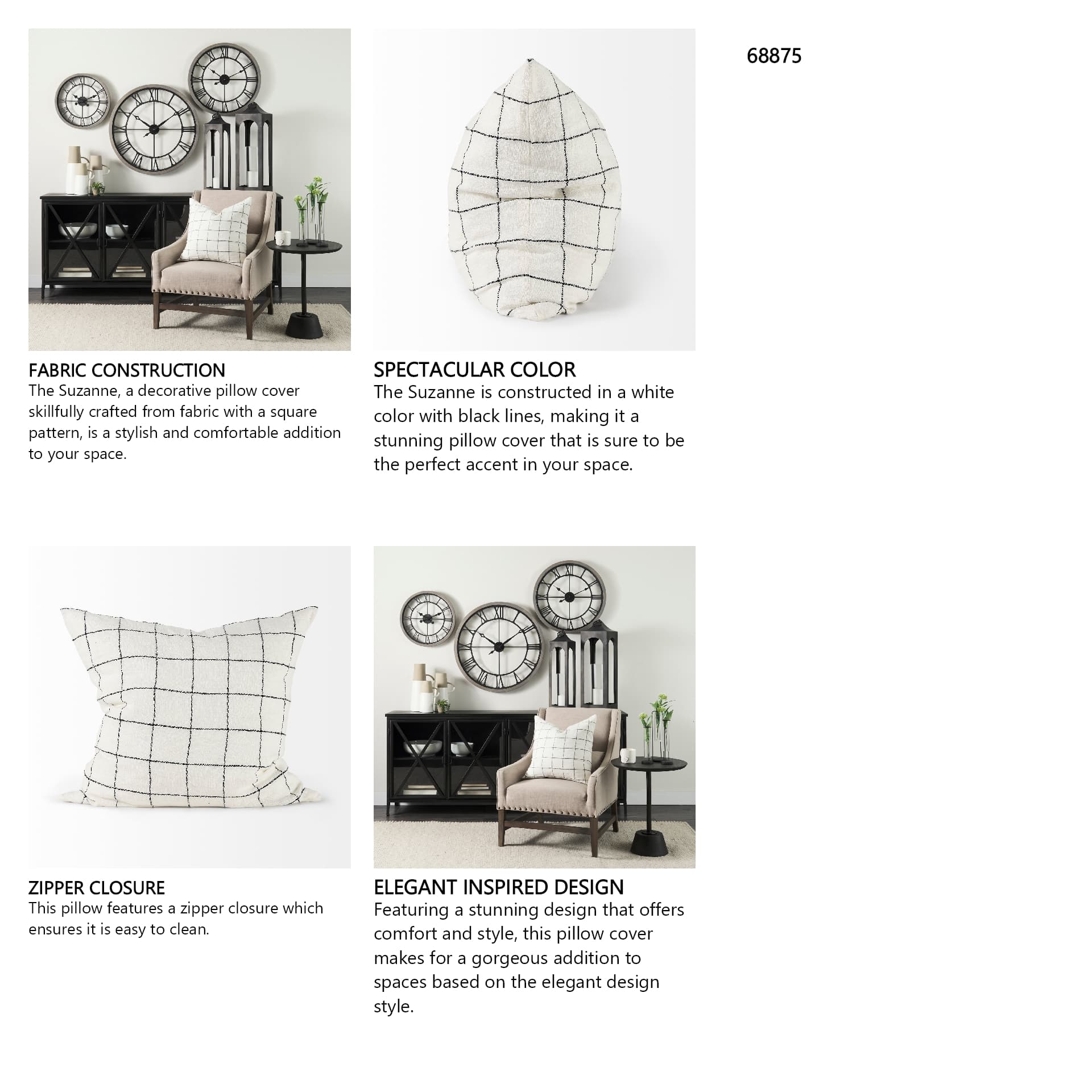 Suzanne 22 x 22 White/Black Square Pattern Pillow Cover — in a styled room