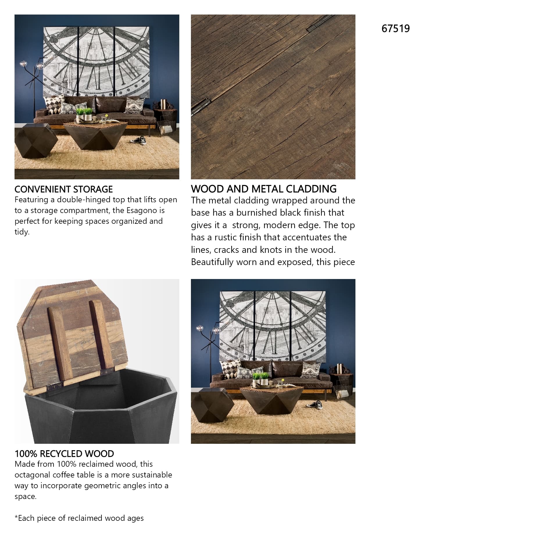 Esagono Octagonal Black Metal-Clad Reclaimed Wood End/Side Table w/ Storage — in a styled room