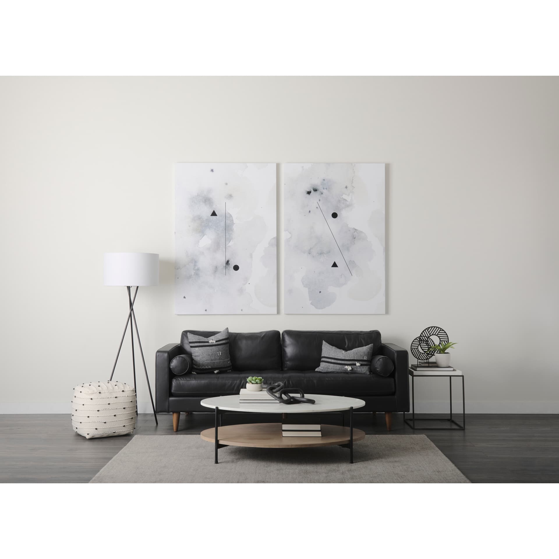 Amaira 16.0L x 16.0W x 16.0H Cream/Black/White patterned Wool and Cotton Pouf — in a styled room