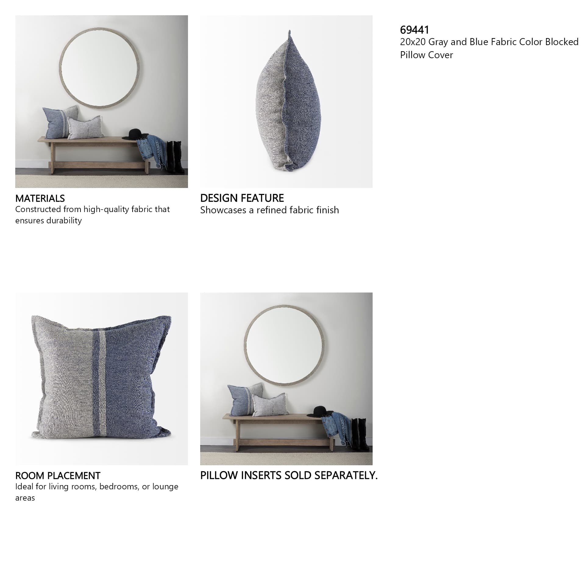 Aubrielle 20x20 Gray and Blue Fabric Color Blocked Pillow Cover — in a styled room