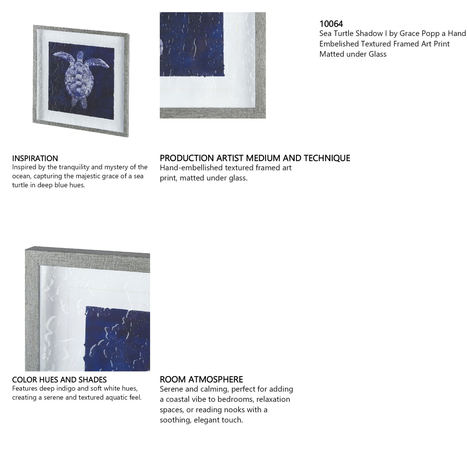 Sea Turtle Shadow I by Grace Popp a Hand Embellished Textured Framed Art Print Matted under Glass — in a styled room