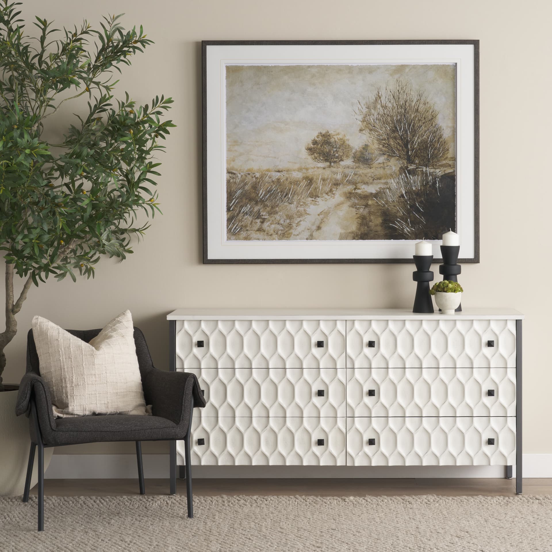 Savannah White Fir Veneer w/ Gray Metal 6-Drawer Sideboard — in a styled room