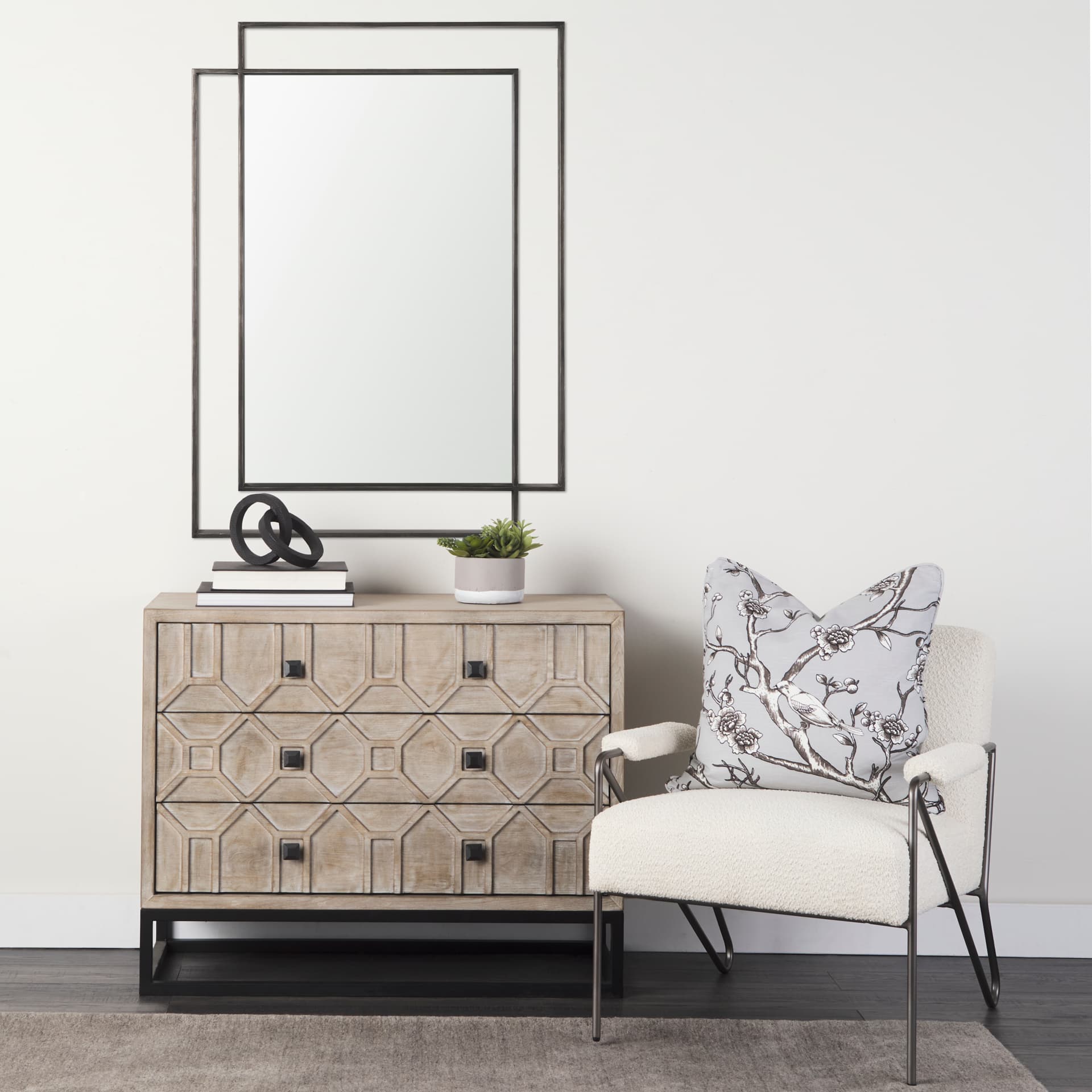 Tiva Rectangular Dual Metal Frame Gunmetal Mirror — in a styled room