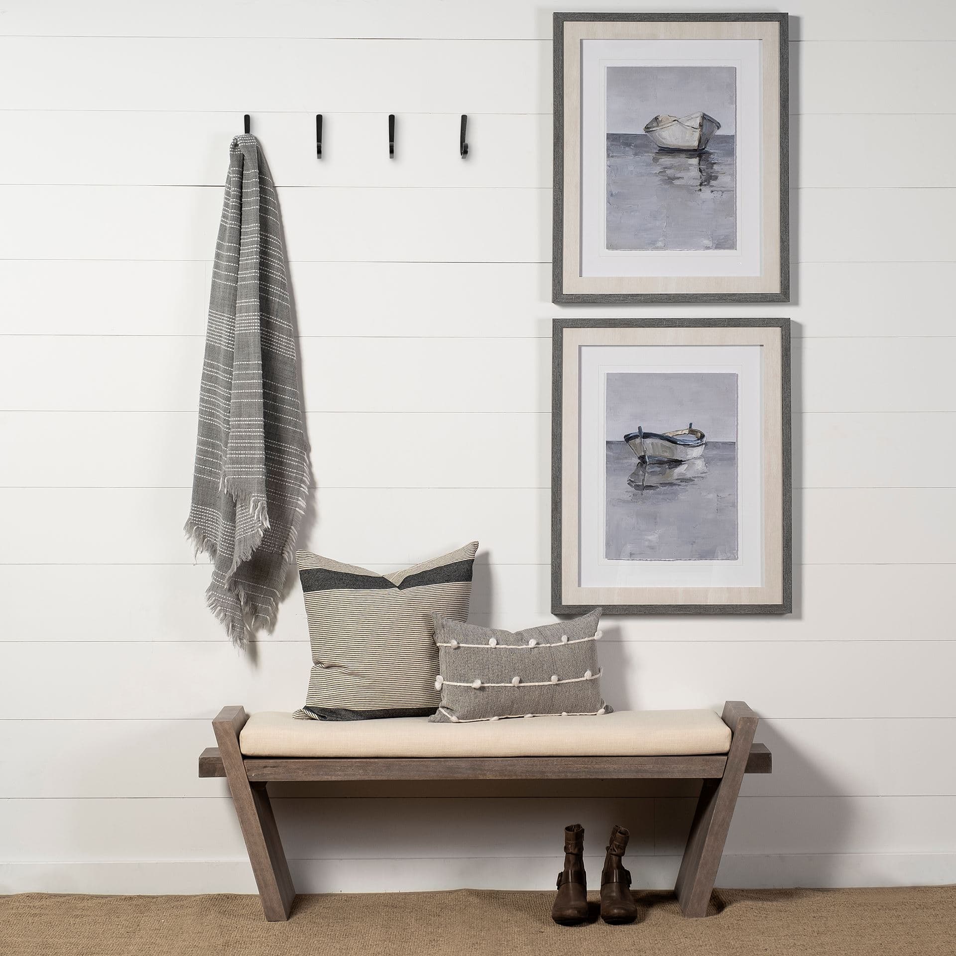 Boat on the Horizon II by Ethan Harper Hand Embellished Textured Framed Art Print Matted under Glass — in a styled room