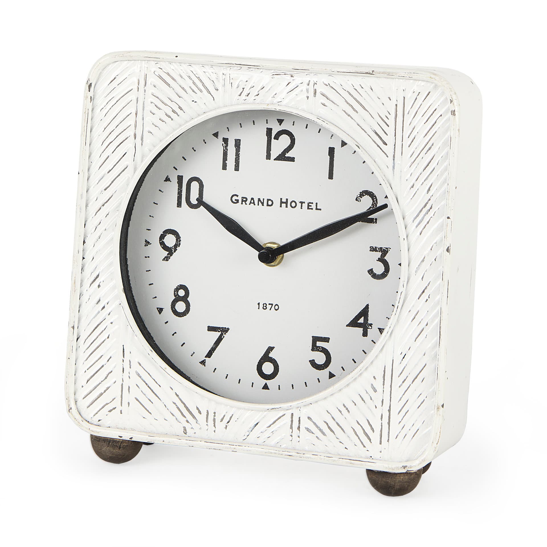 Karl 8.0L x 2.8W x 8.8H Rustic White Iron Rounded Square Table Clock — product photograph
