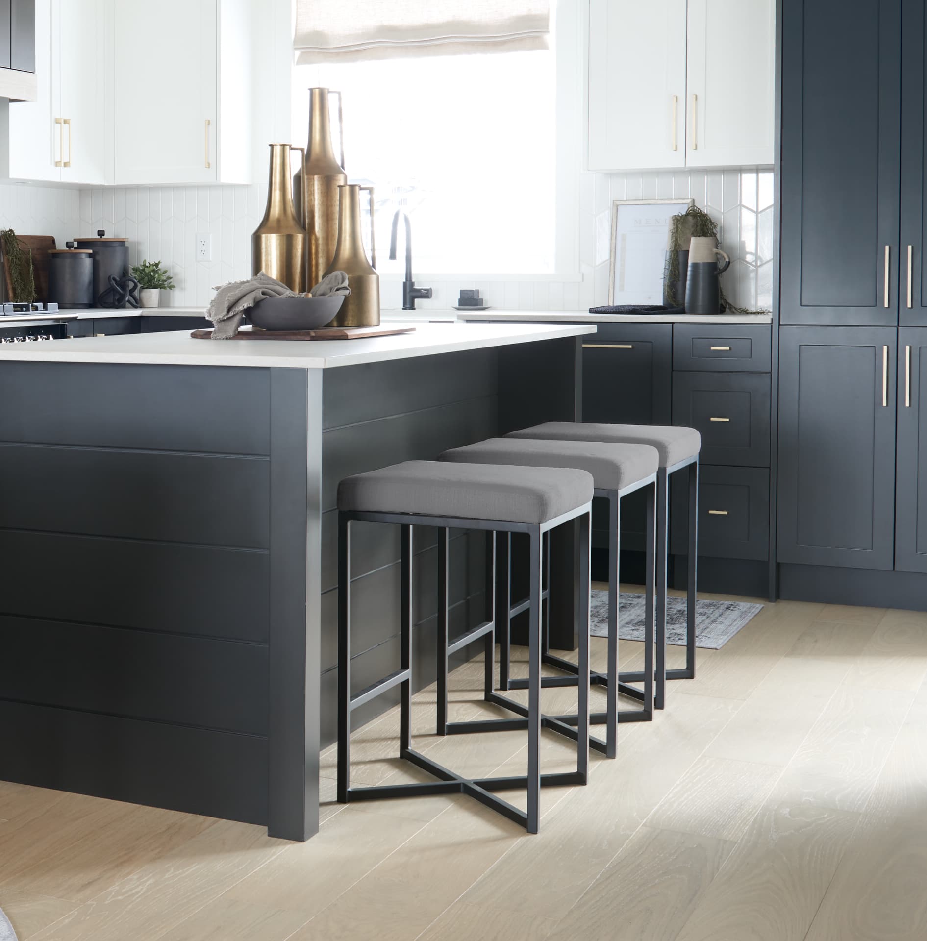 Frodo Backless 26.4in Seat Counter Stool | Gray Fabric w/ Black Iron — product photograph