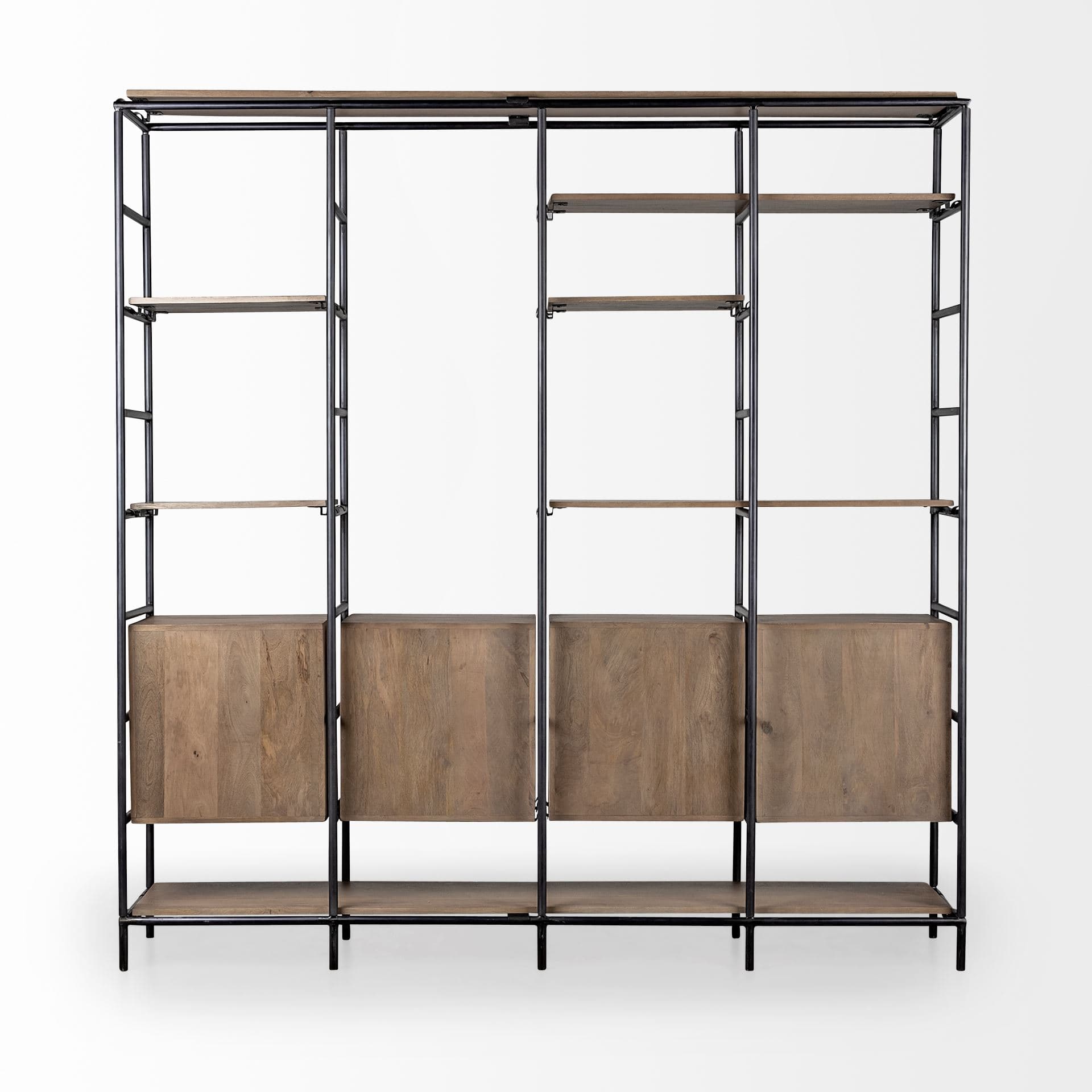 Darius 82L x 16.5W x 90H Medium Brown Wood and Metal Multi-Shelf Shelving Unit — product photograph