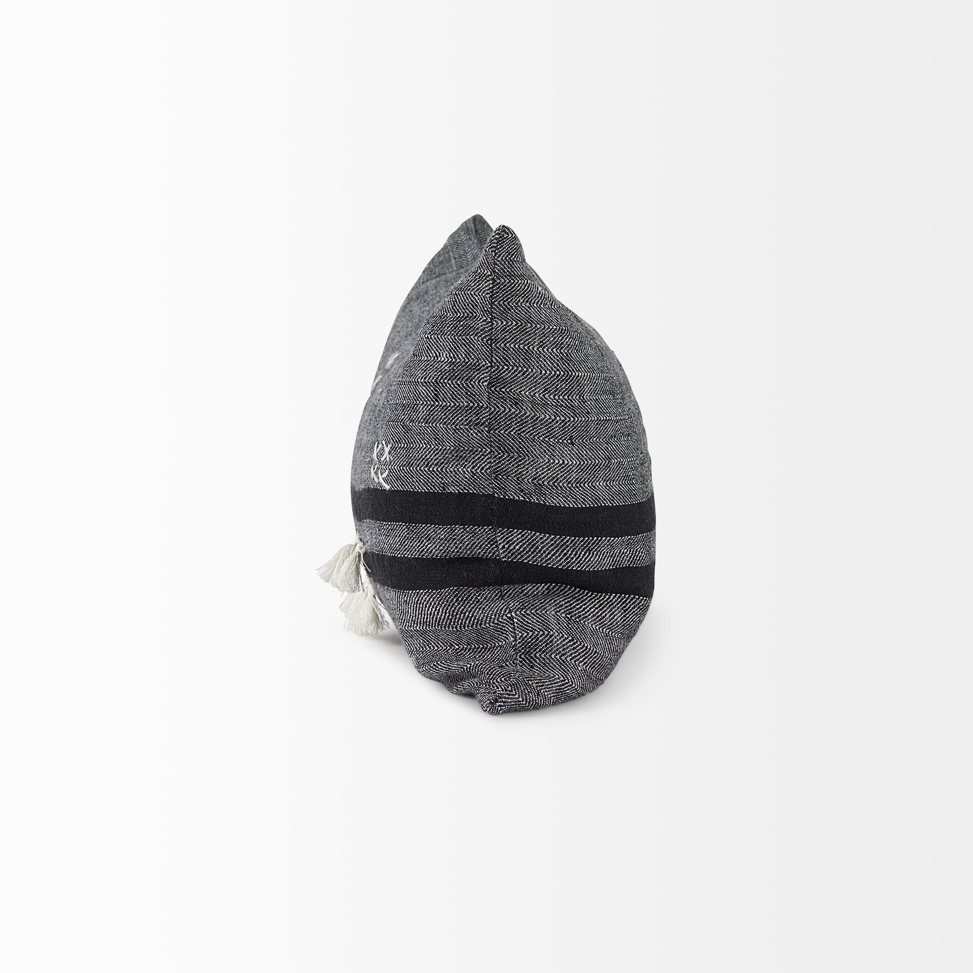 Sibyl 13x21 Black Fabric Striped and White Fringed Pillow Cover w/Down Filler — product photograph