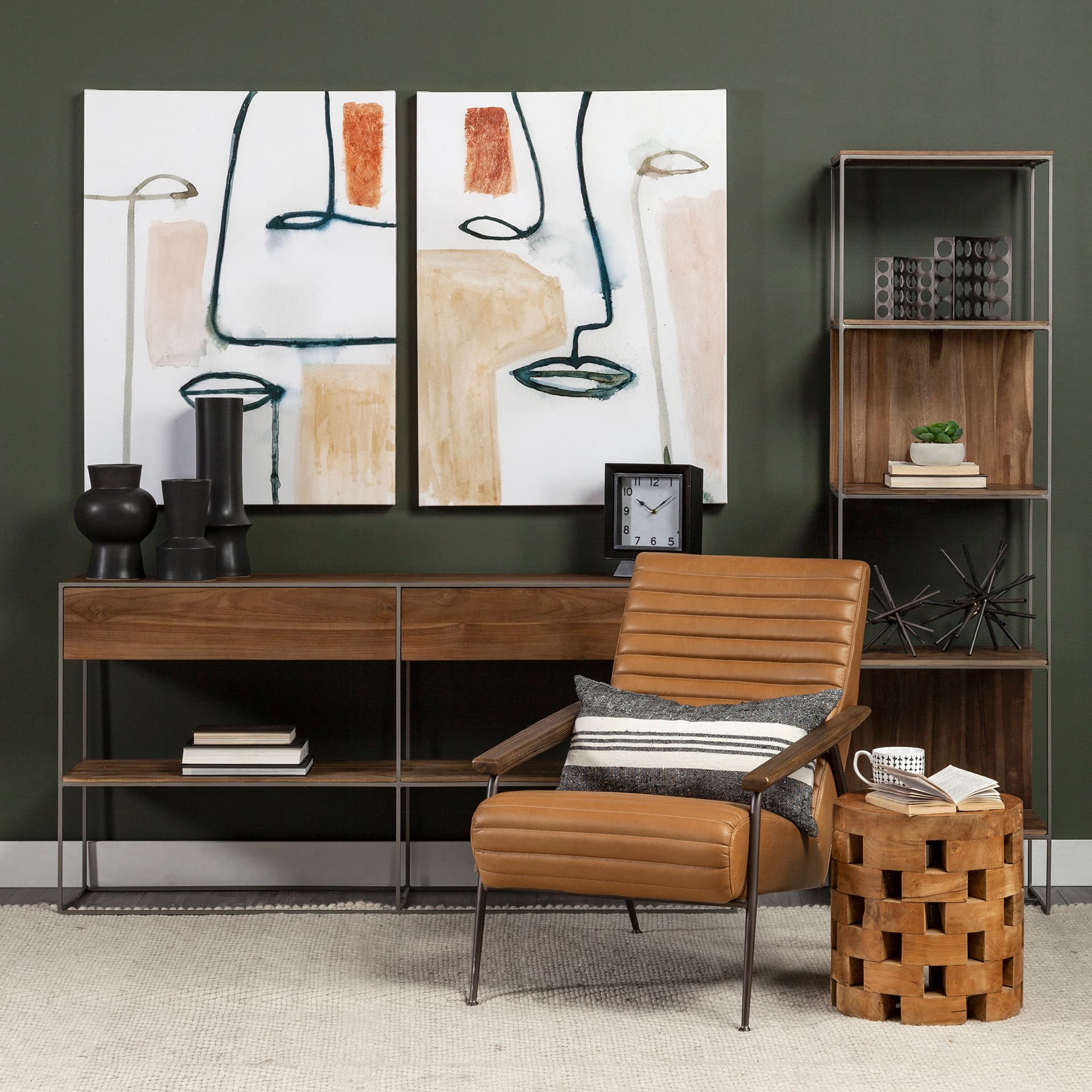 Morris II 19.75 x 15 x 72.5 Brown Wood and Silver Metal Frame 4 Shelf Shelving Unit — in a styled room