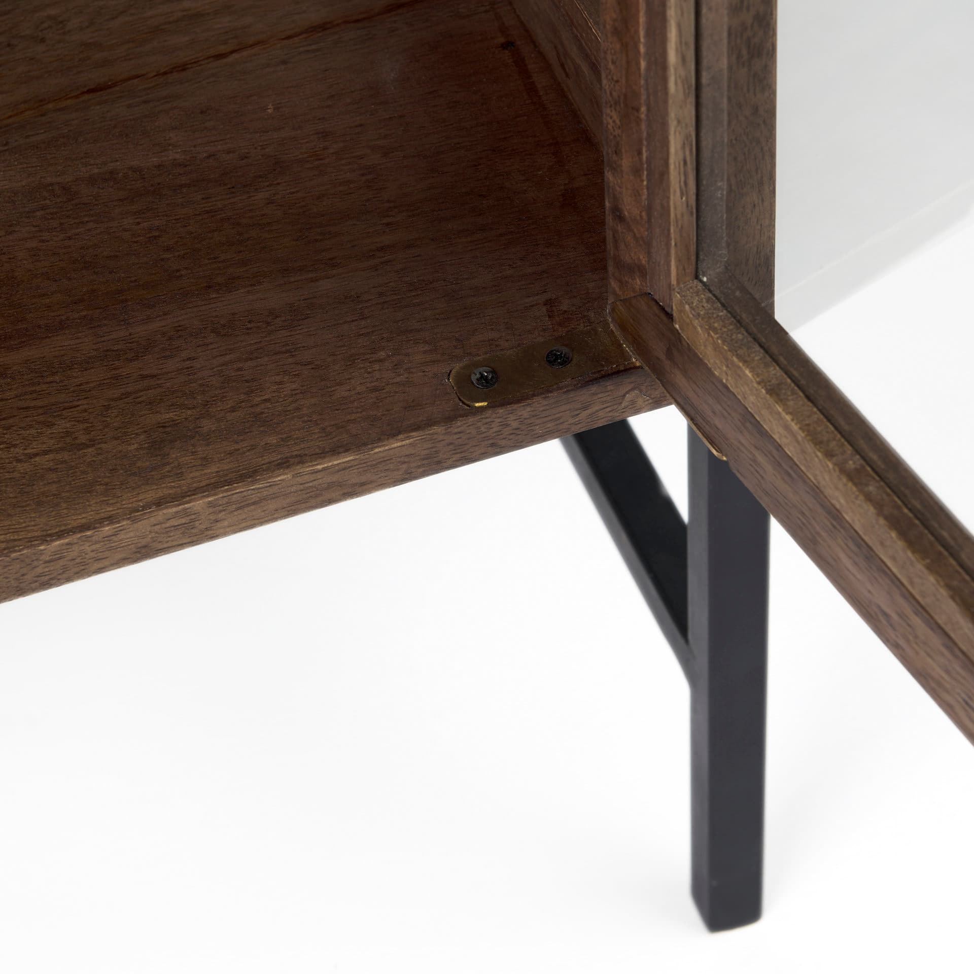 Arelius 36L x 18W x 32H Medium Brown Wood, Black Metal Base w/ 2 Glass Doors Accent Cabinet — product photograph
