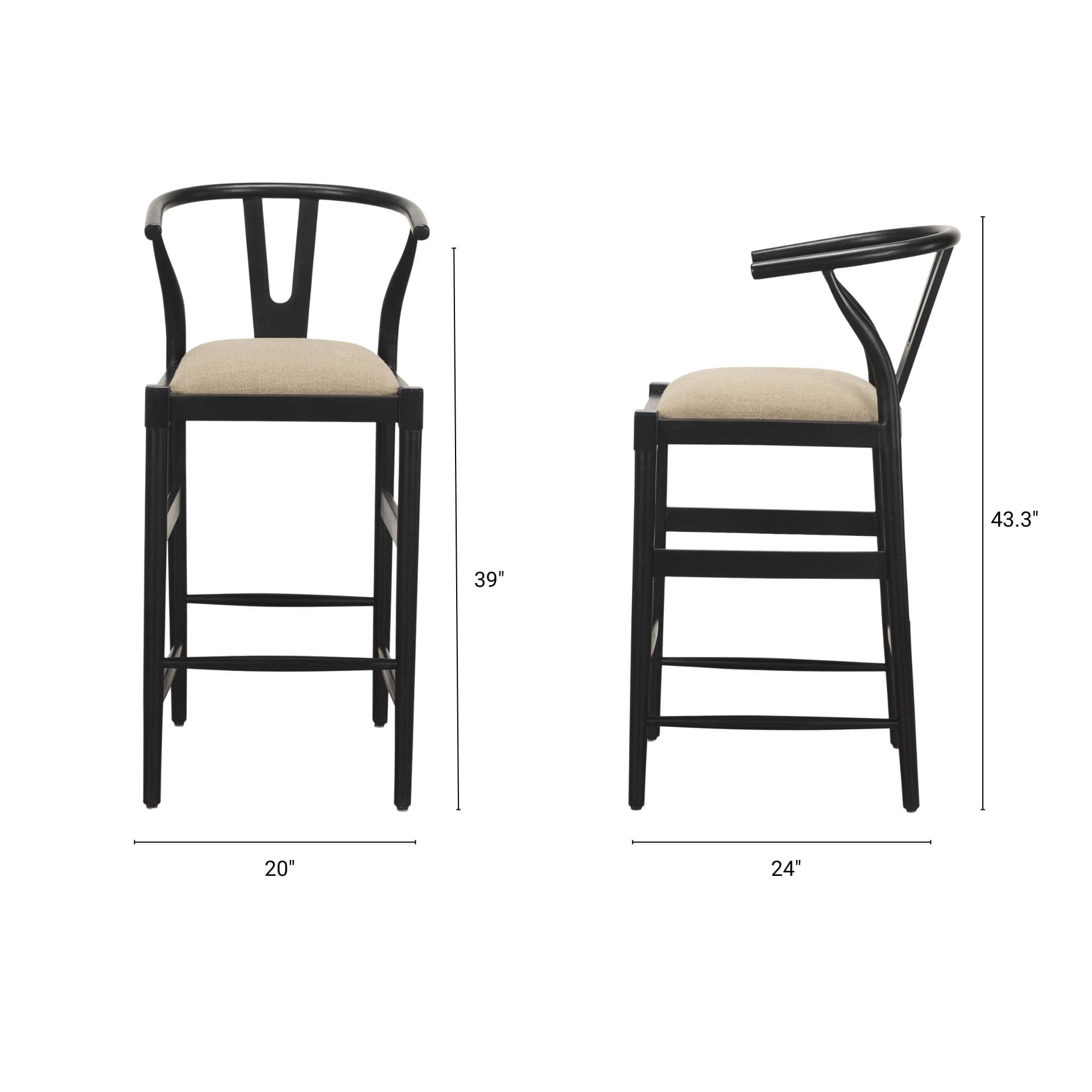 Trixie Backless 43.3in Seat Bar Stool | Beige Fabric w/ Black Wood — product photograph