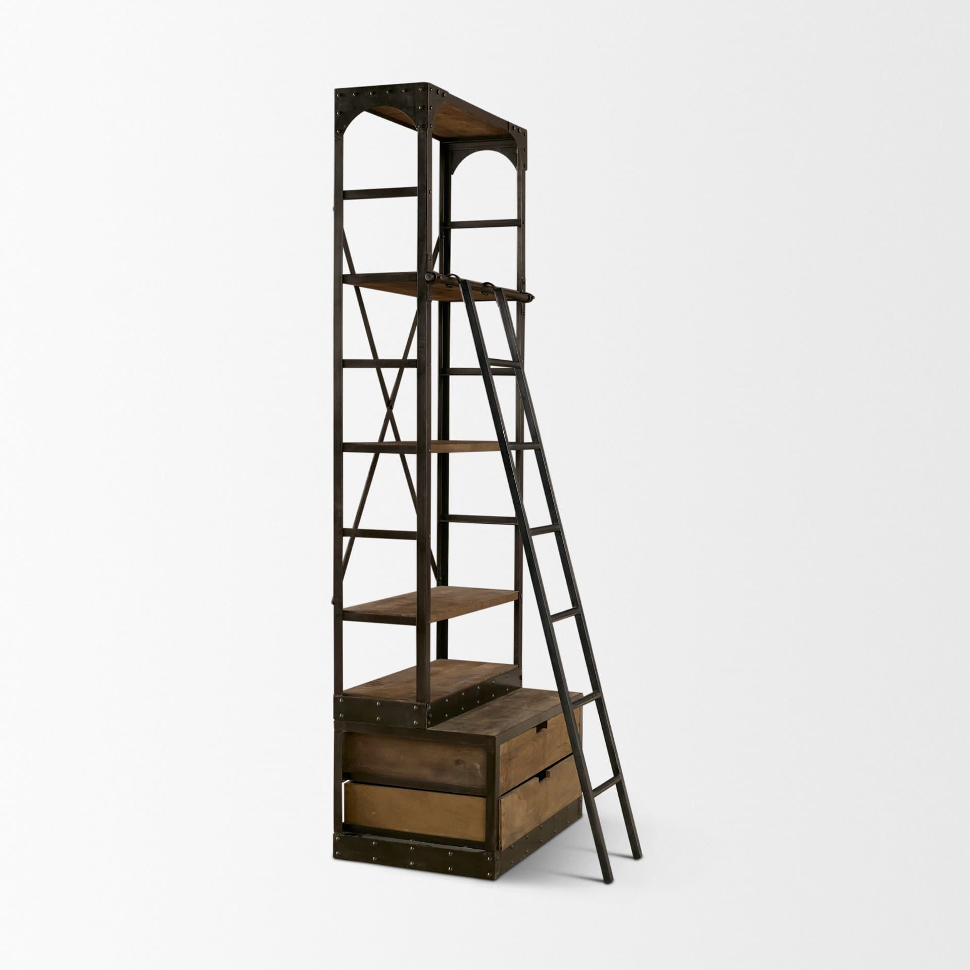 Brodie VII 32L x 22W x 94H Brown Wood Gun-Metal Bracing Four Shelf Shelving Unit — product photograph