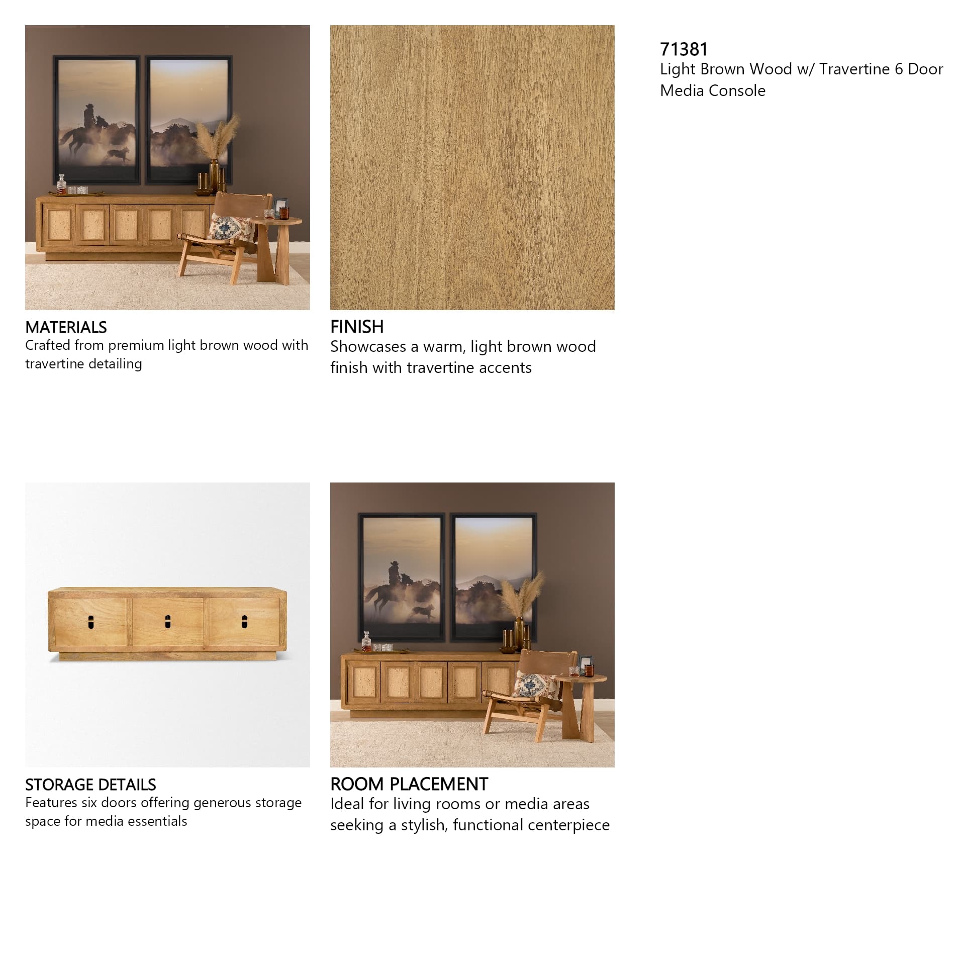 Valterra Light Brown Wood w/ Travertine 6 Door Media Console — product photograph