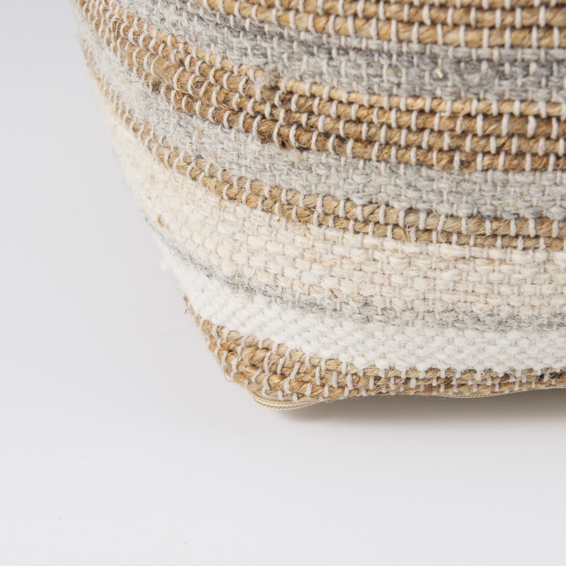 Aahana 16.0L x 16.0W x 16.0H White/Taupe/Gray Striped Hemp and Cotton Pouf — product photograph
