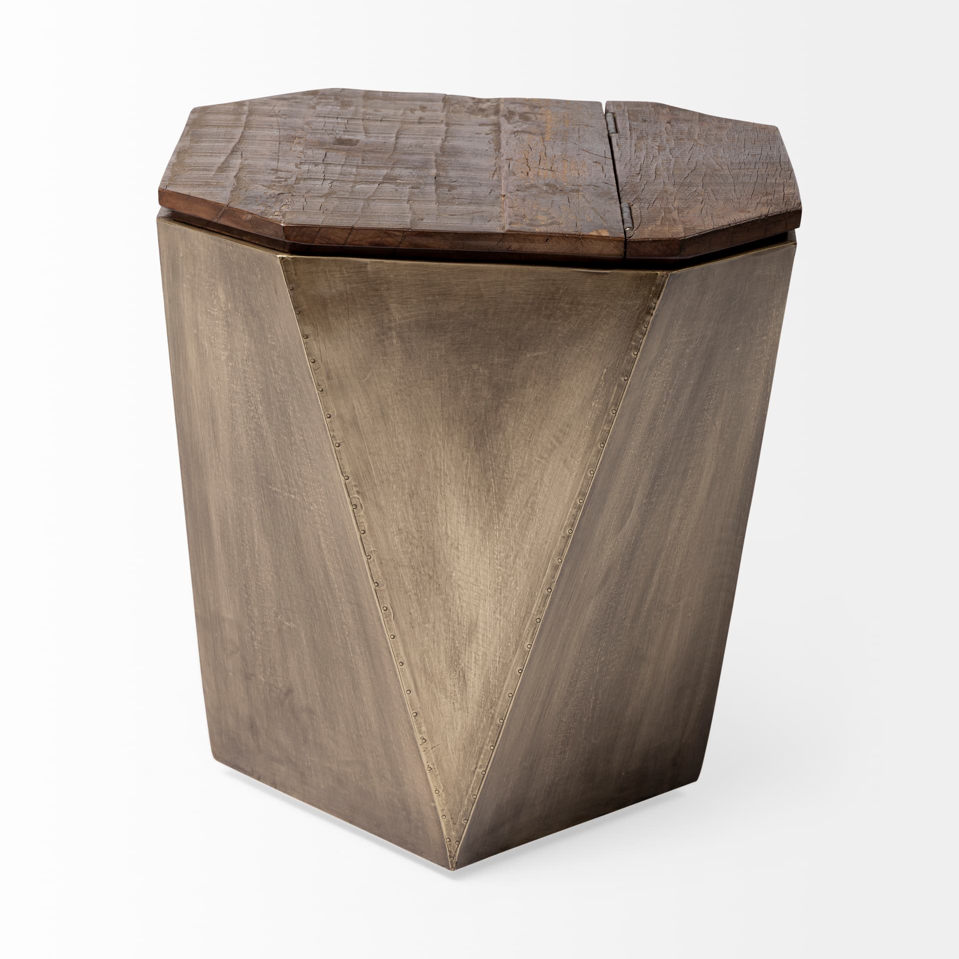 Esagono Octagonal Gold Metal-Clad Reclaimed Wood End/Side Table w/ Storage — product photograph