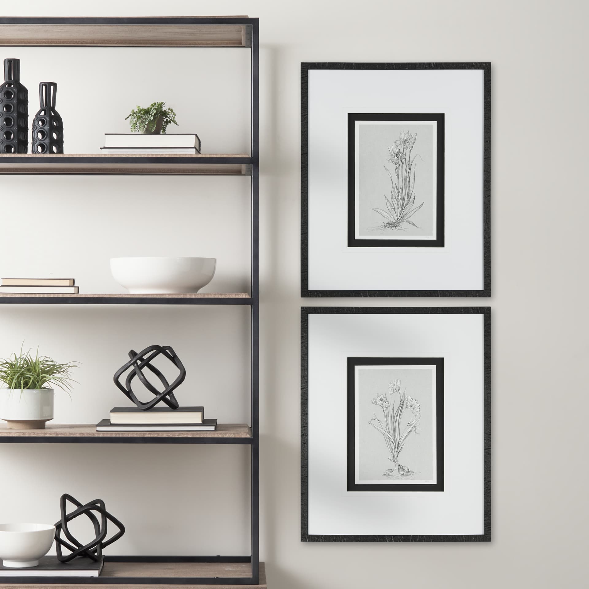 Botanical sketches III (Grey) by Mercana Studio Hand Embellished Framed Art Print Matted under Glass — in a styled room