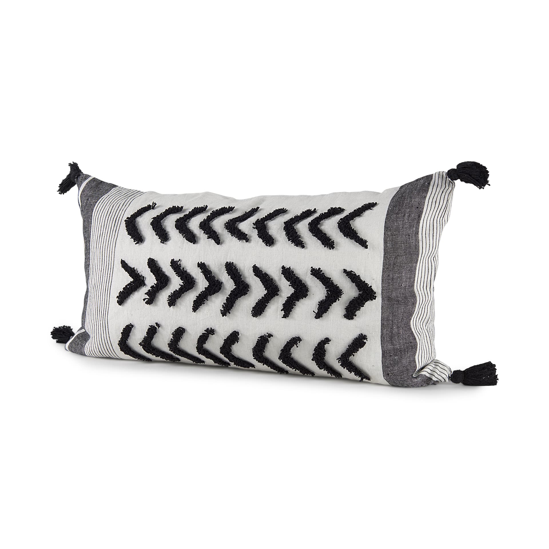 Kimia 14x26 White/Black Fabric Herringbone w/Fringed Pillow Cover — product photograph