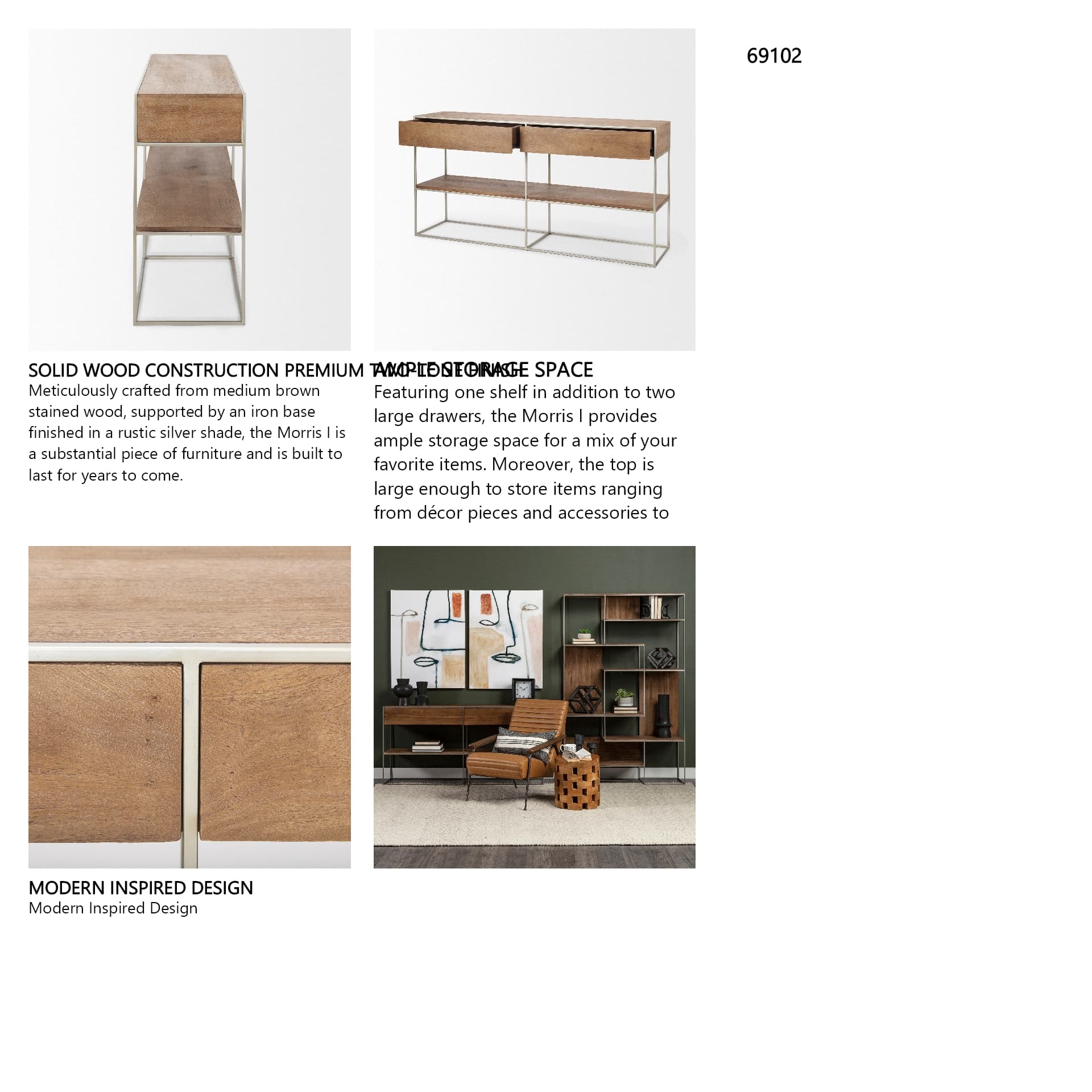 Morris I 63L x 15W x 31H Brown Wood w/ Silver Metal Frame 2 Drawer Console Table — in a styled room