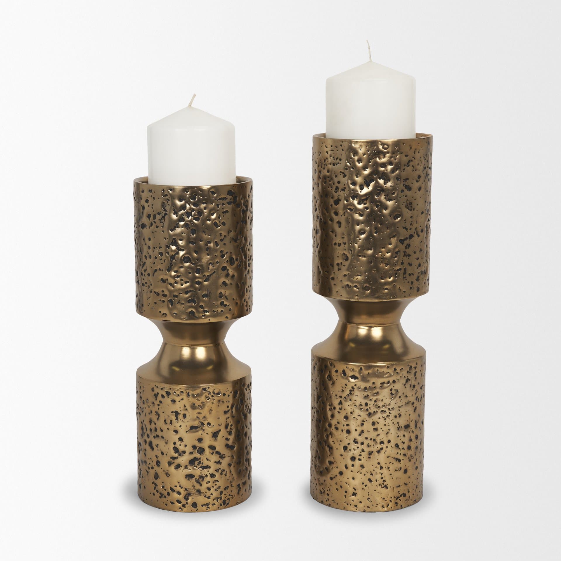 Akira Large Hammered Gold Metal Pillar Candle Holder — product photograph