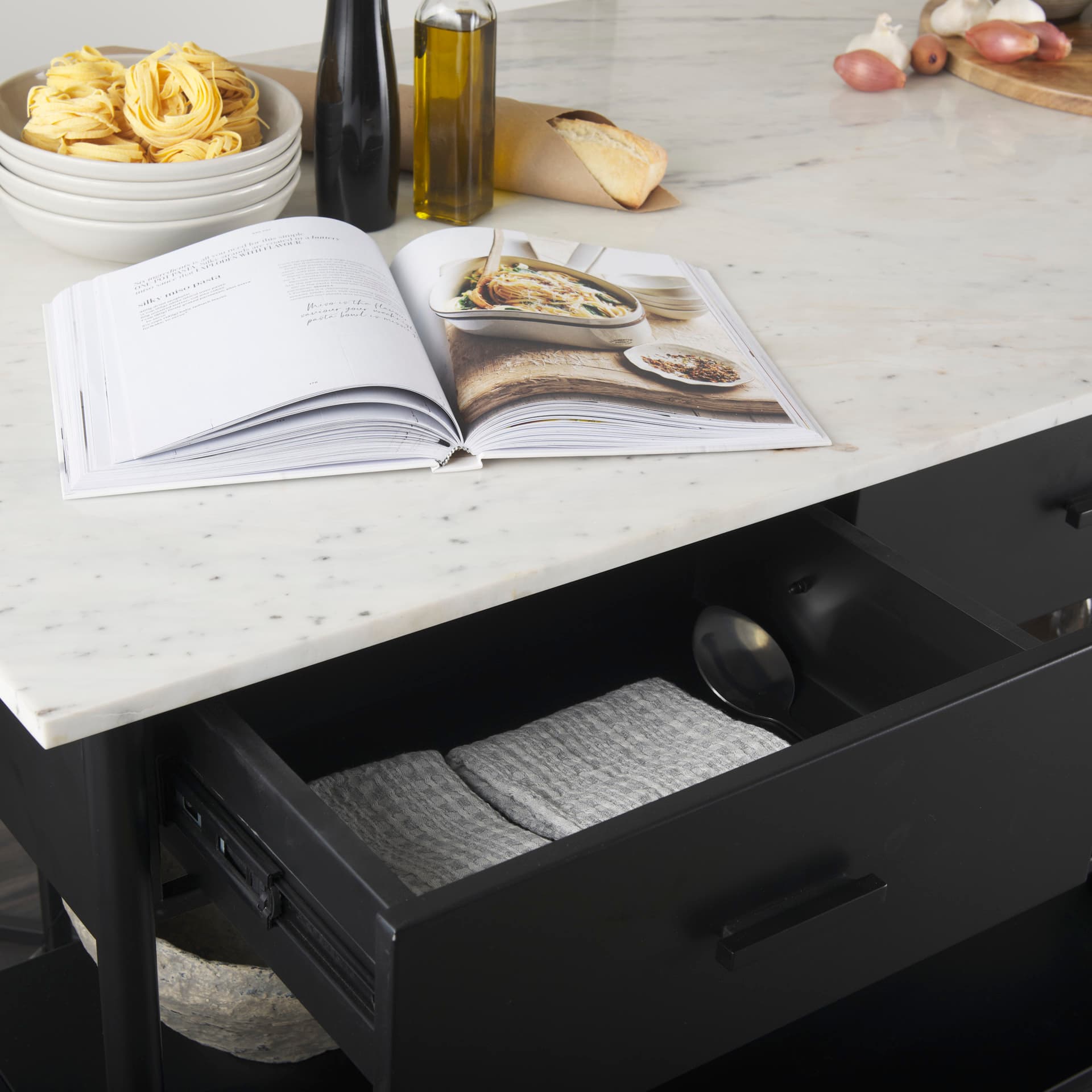Amika White Marble Top Black Metal Base Kitchen Island — product photograph