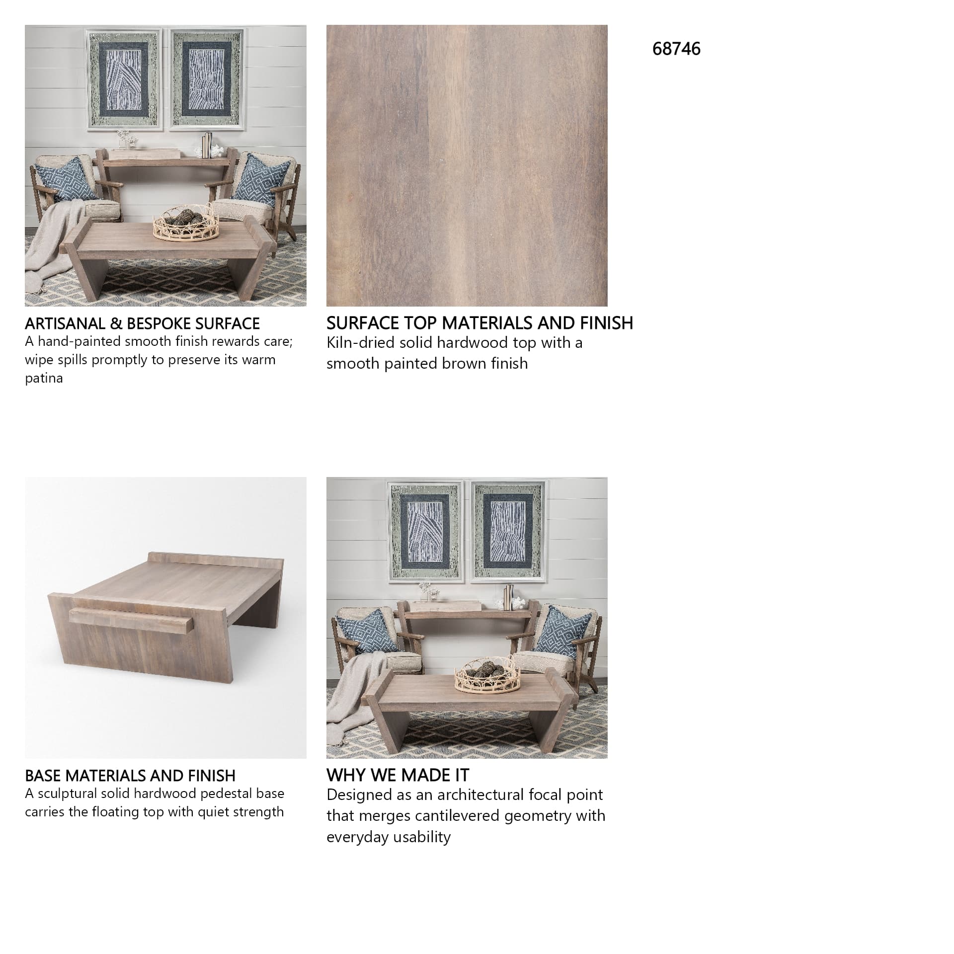 Elaine 59x36 Brown Solid Wood Top & Base Coffee Table — in a styled room