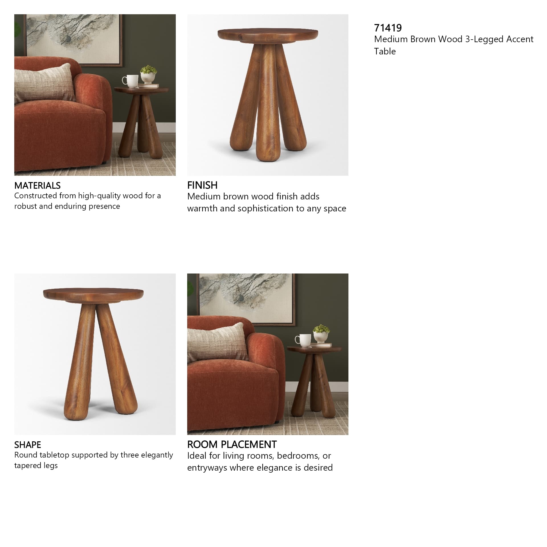 Mora Medium Brown Wood 3-Legged Accent Table — in a styled room