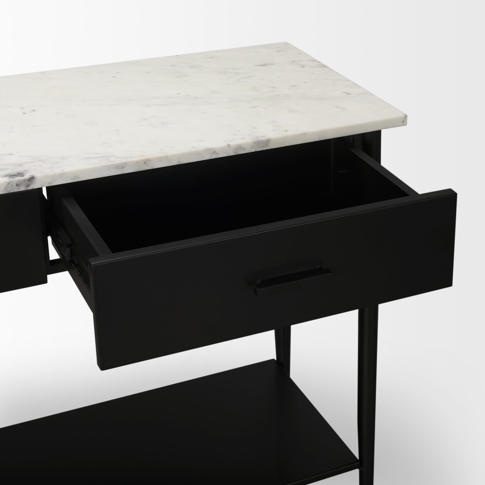 Amika White Marble Top Black Metal Base Console Table — product photograph