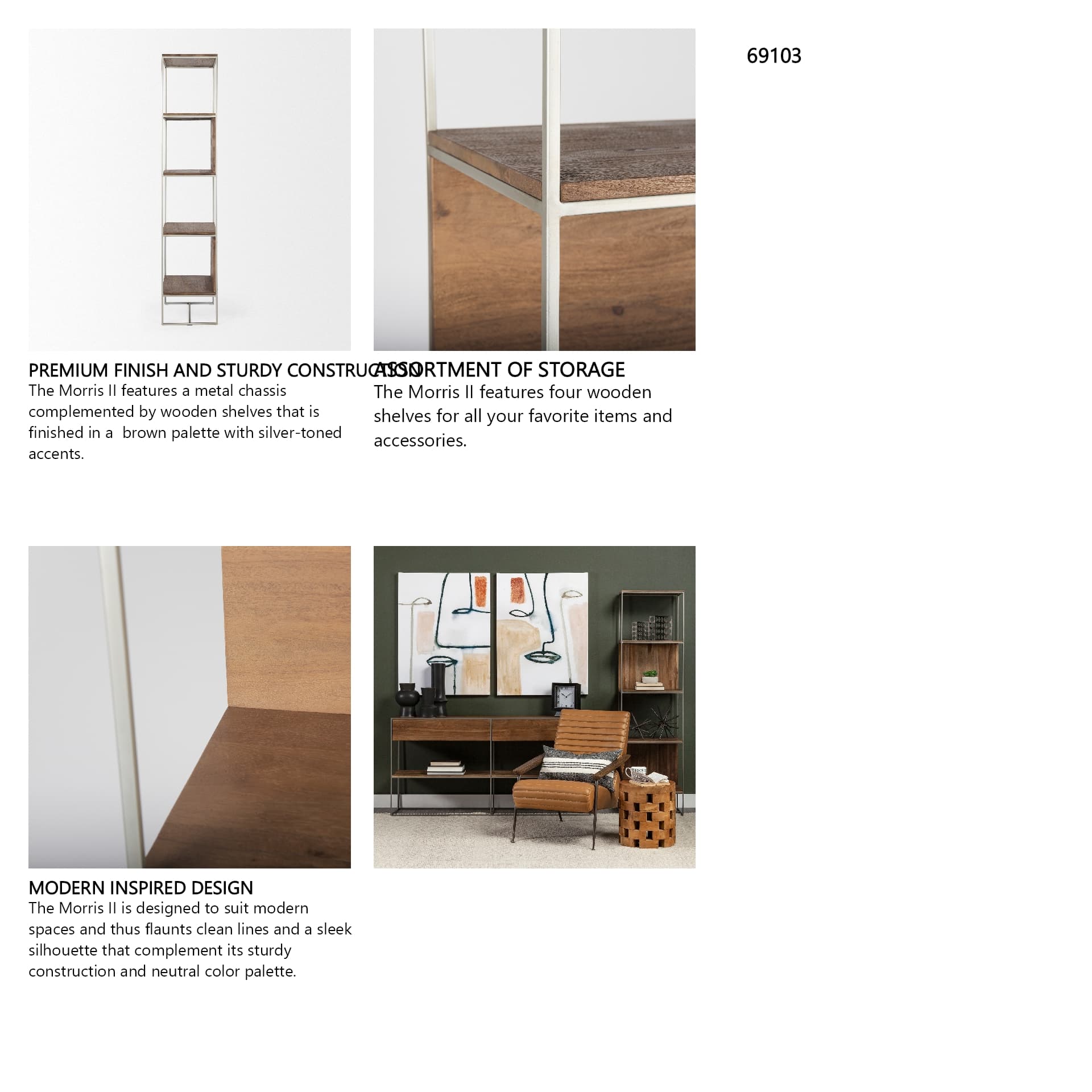 Morris II 19.75 x 15 x 72.5 Brown Wood and Silver Metal Frame 4 Shelf Shelving Unit — in a styled room