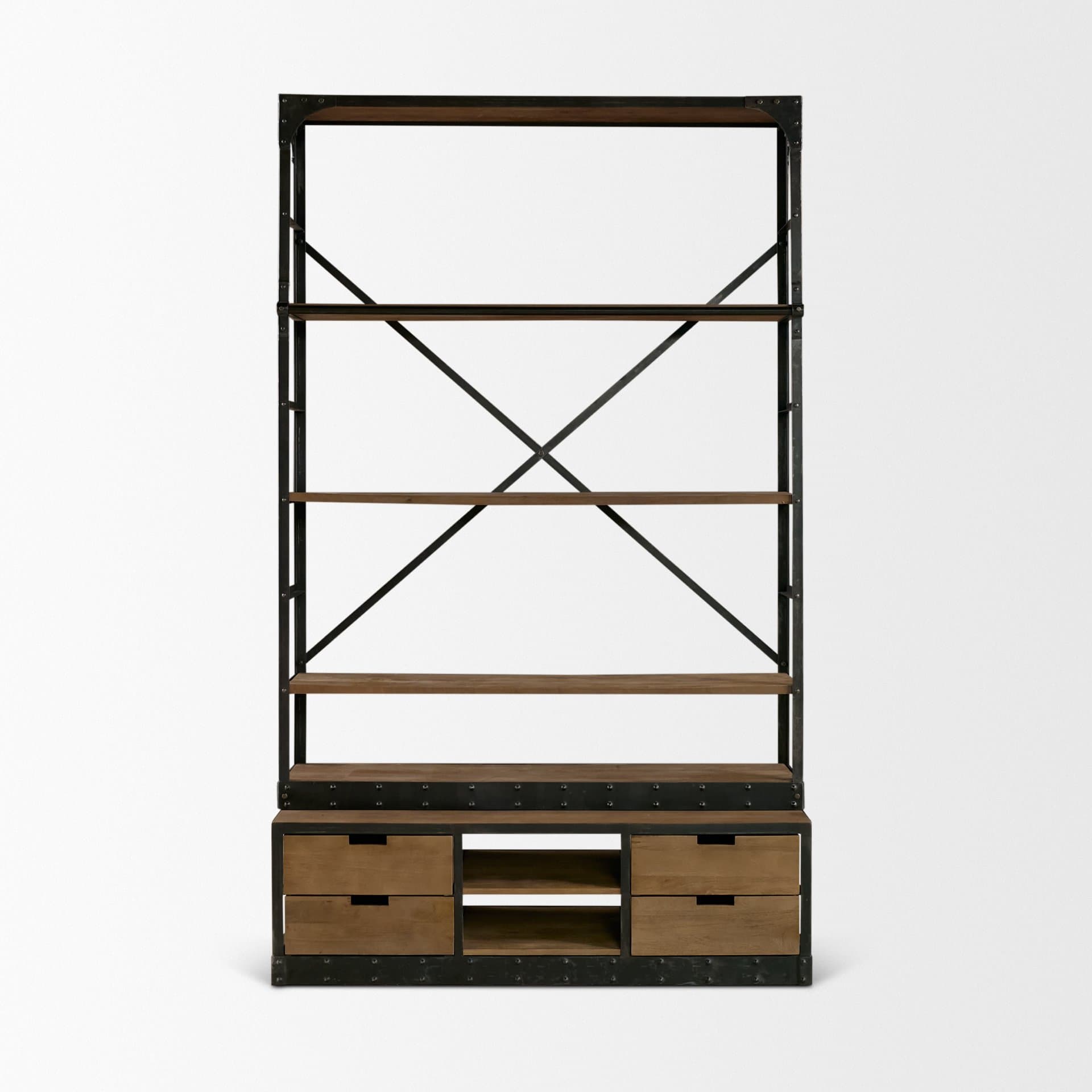 Brodie VIII 57L x 20.5W x 94H Brown Wood Gun-Metal Ladder Four Shelf Shelving Unit — product photograph