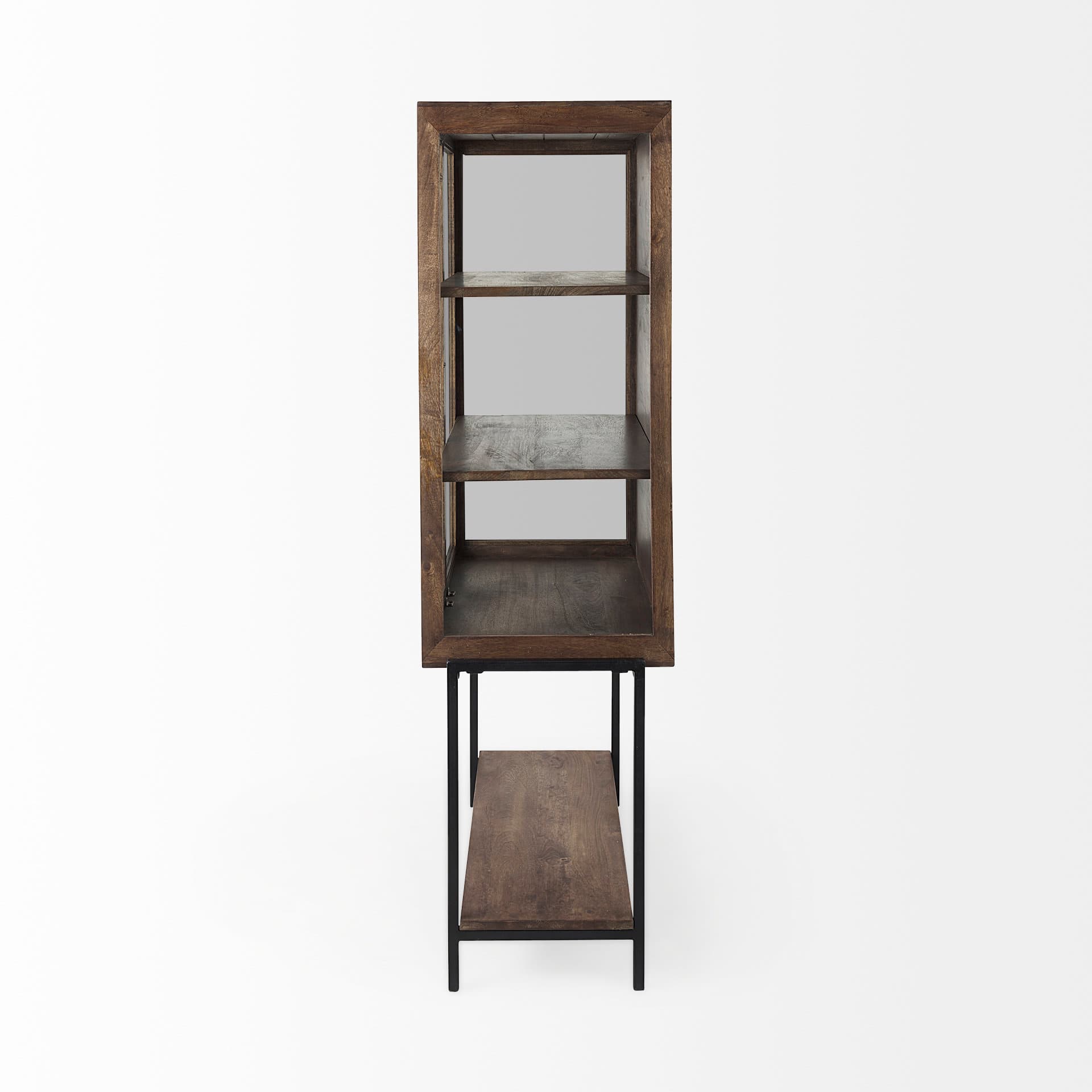 Arelius 36L x 18.75W x 63H Medium Brown Wood W/ Black Metal Base Display Cabinet — product photograph